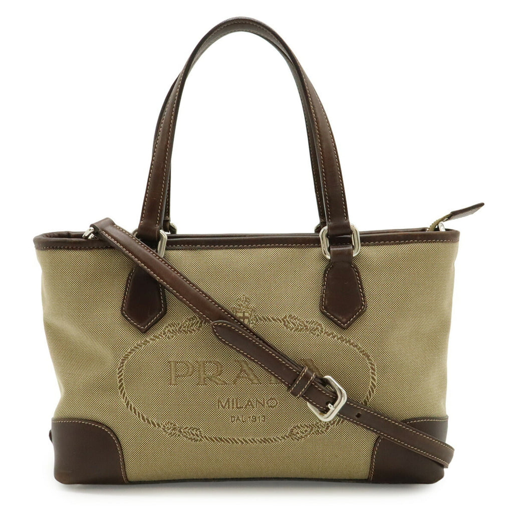 Prada Beige Dark Brown Khaki Canvas Leather Handbag Shoulder Bag (Pre-Owned)