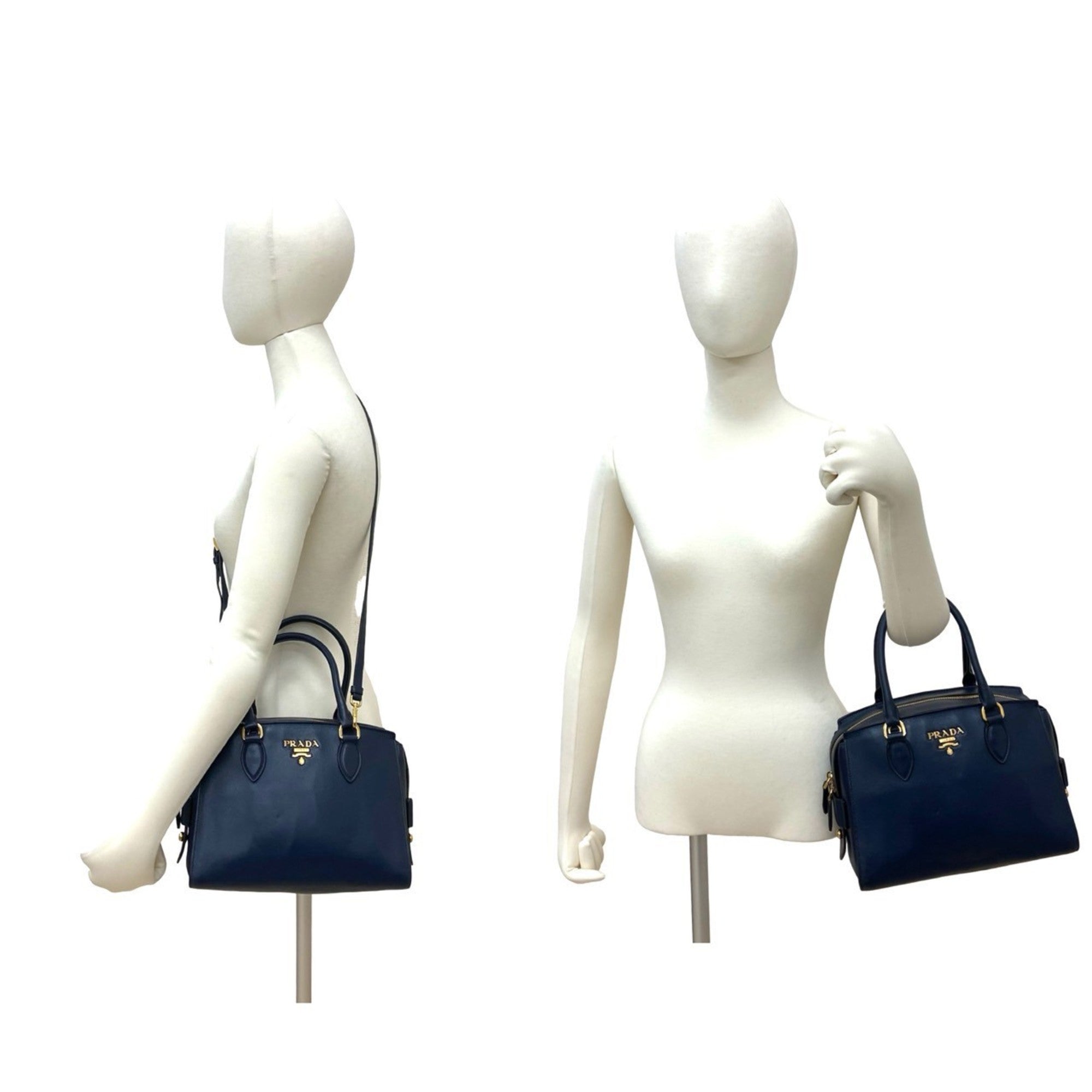 Prada Navy Leather Boston Bag Handbag Shoulder Bag (Pre-Owned)
