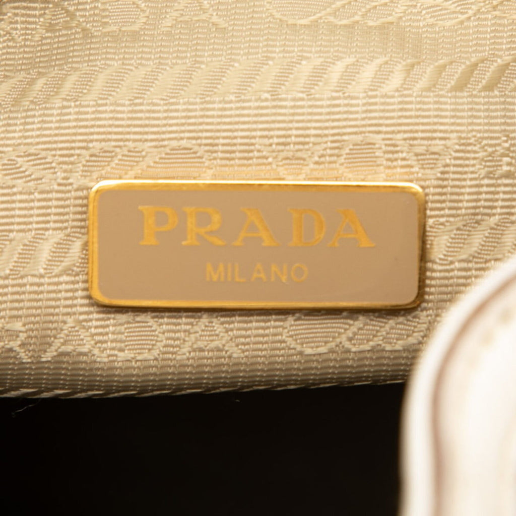 Prada Beige White Canvas Leather Handbag Shoulder Bag (Pre-Owned)