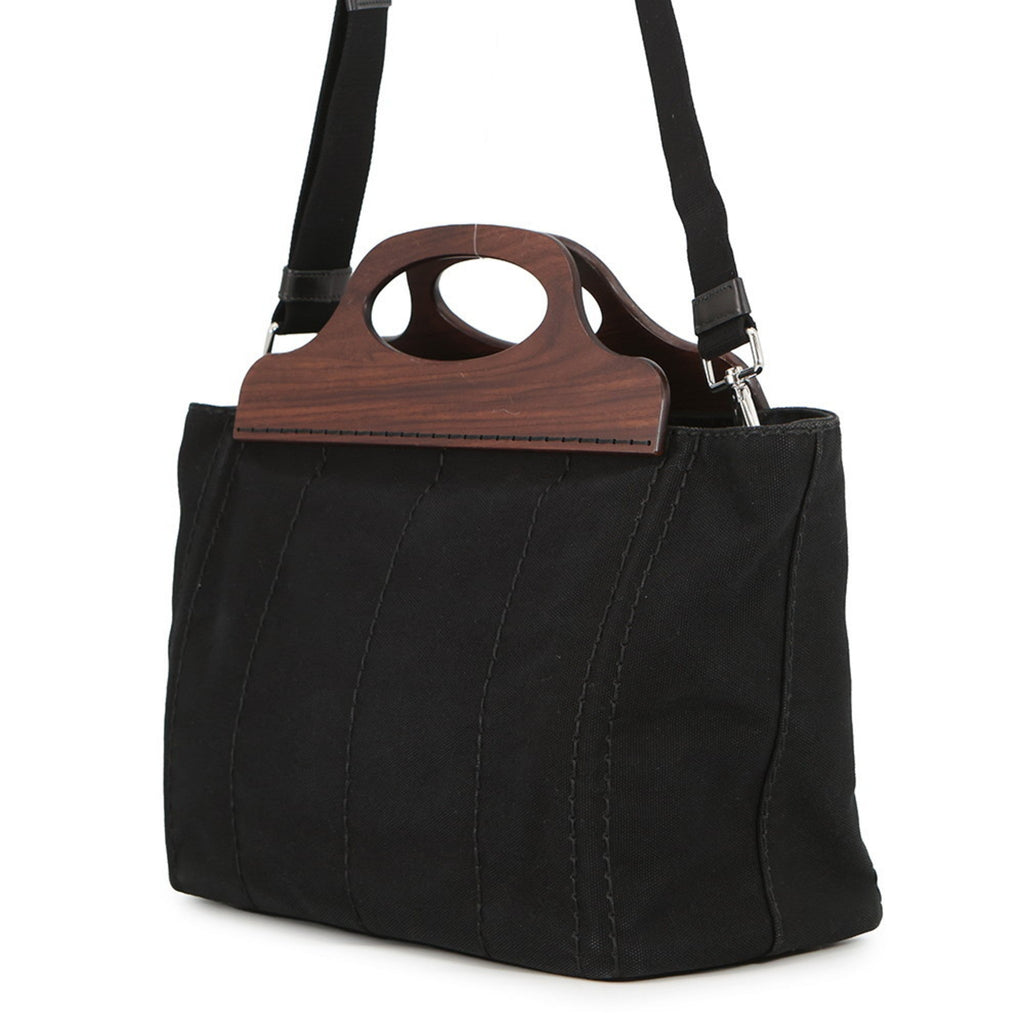 Prada Canapa Black Canvas Wood Handbag Shoulder Bag (Pre-Owned)