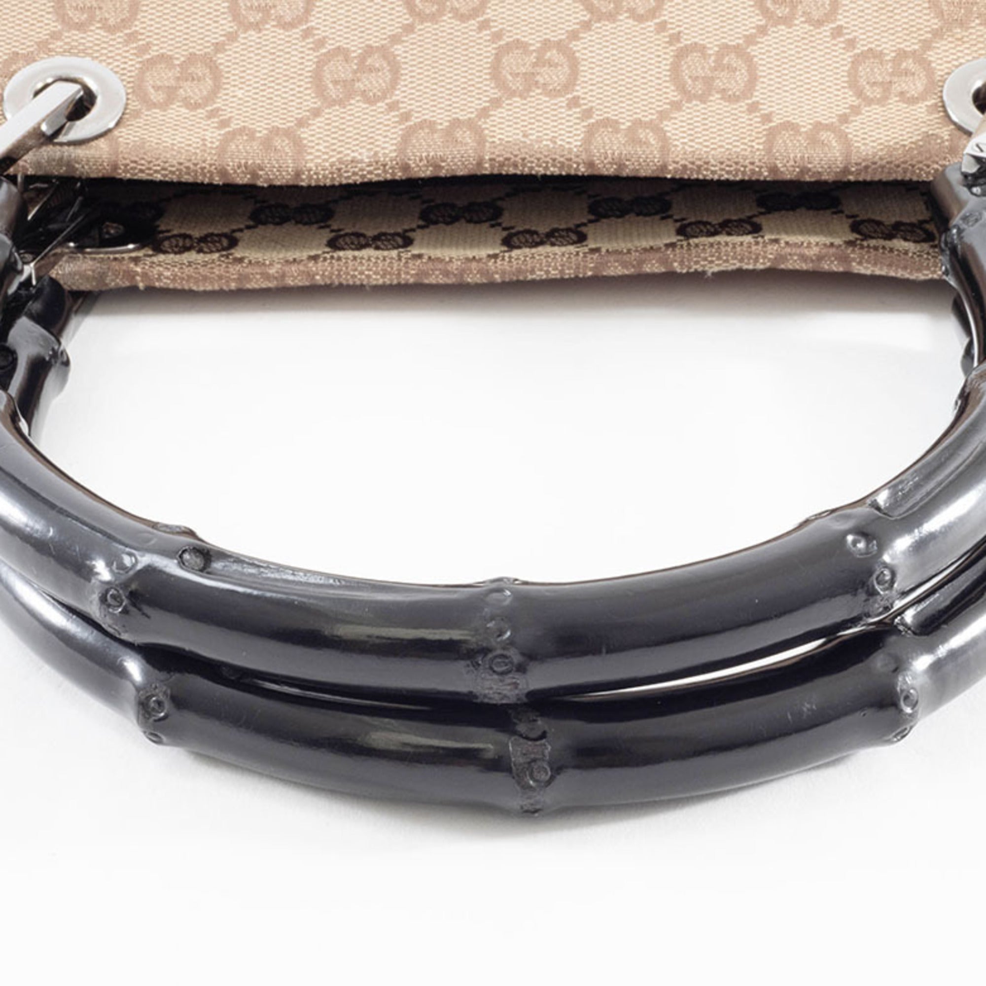 Gucci Beige Black Bamboo Canvas Handbag (Pre-Owned)