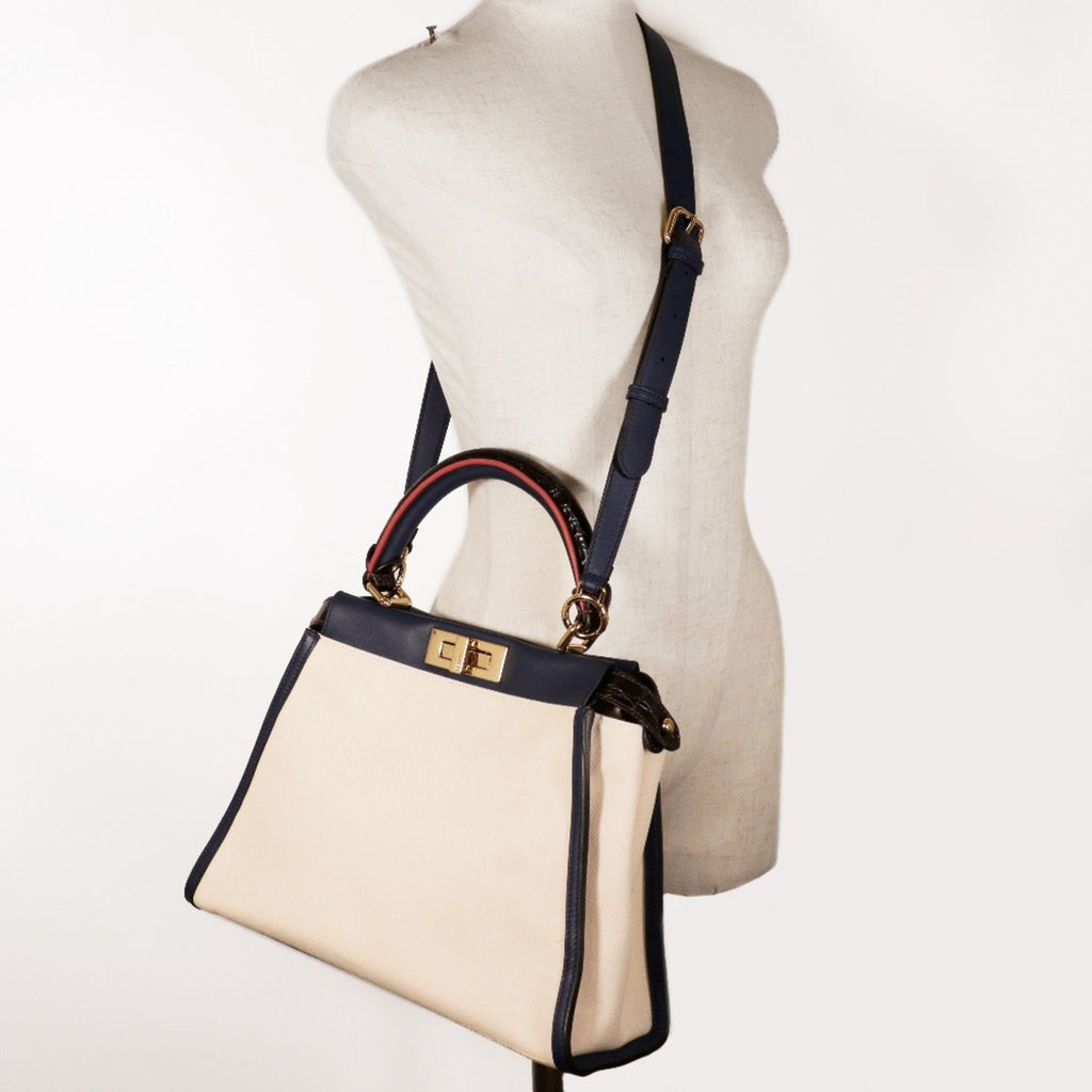 Fendi Navy White Canvas Leather Handbag (Pre-Owned)