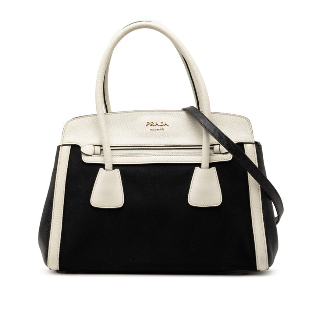 Prada Black White Canvas Leather Handbag (Pre-Owned)