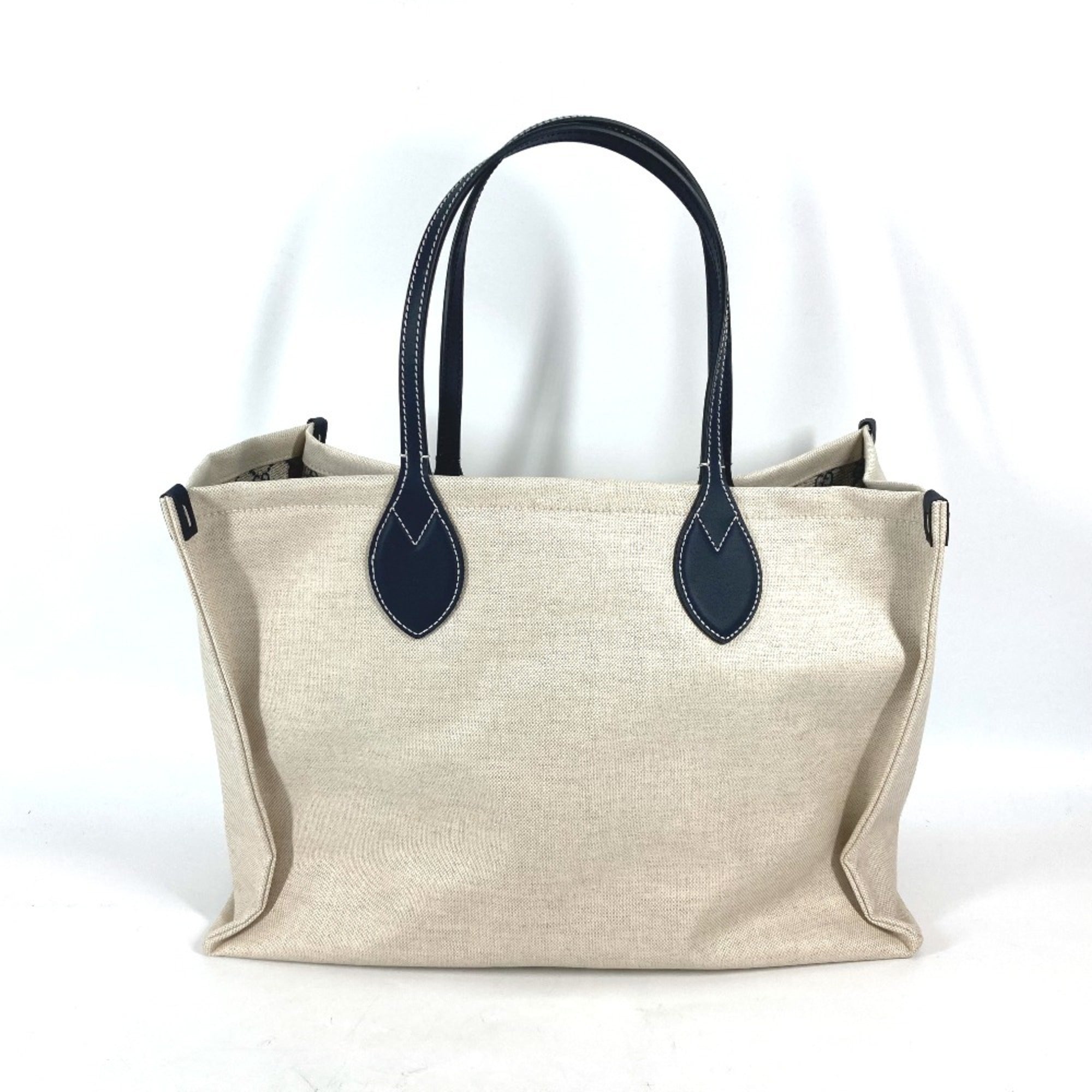 Gucci Beige Black Dark Navy Canvas Leather Shoulder Bag Tote Bag (Pre-Owned)