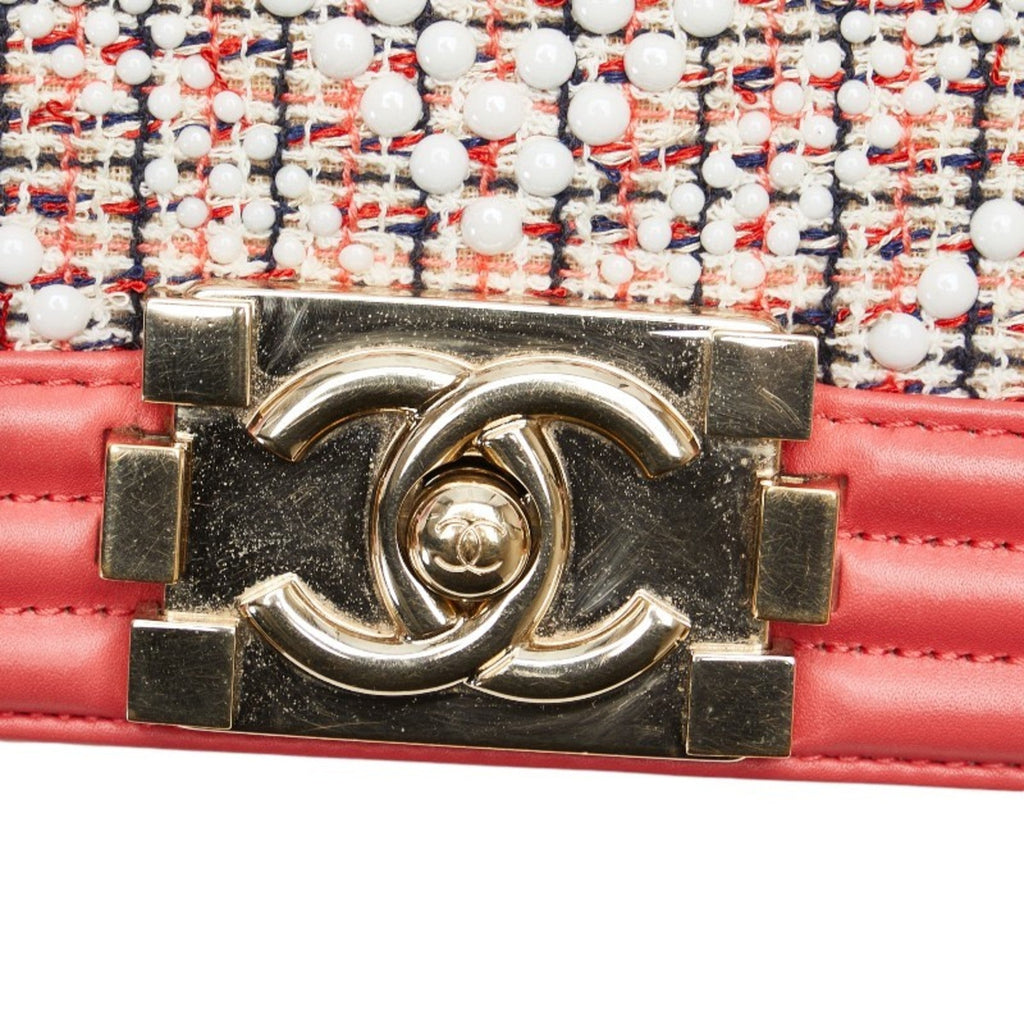 Chanel Boy Chanel Multi-Color Pink White Tweed Leather Shoulder Bag (Pre-Owned)