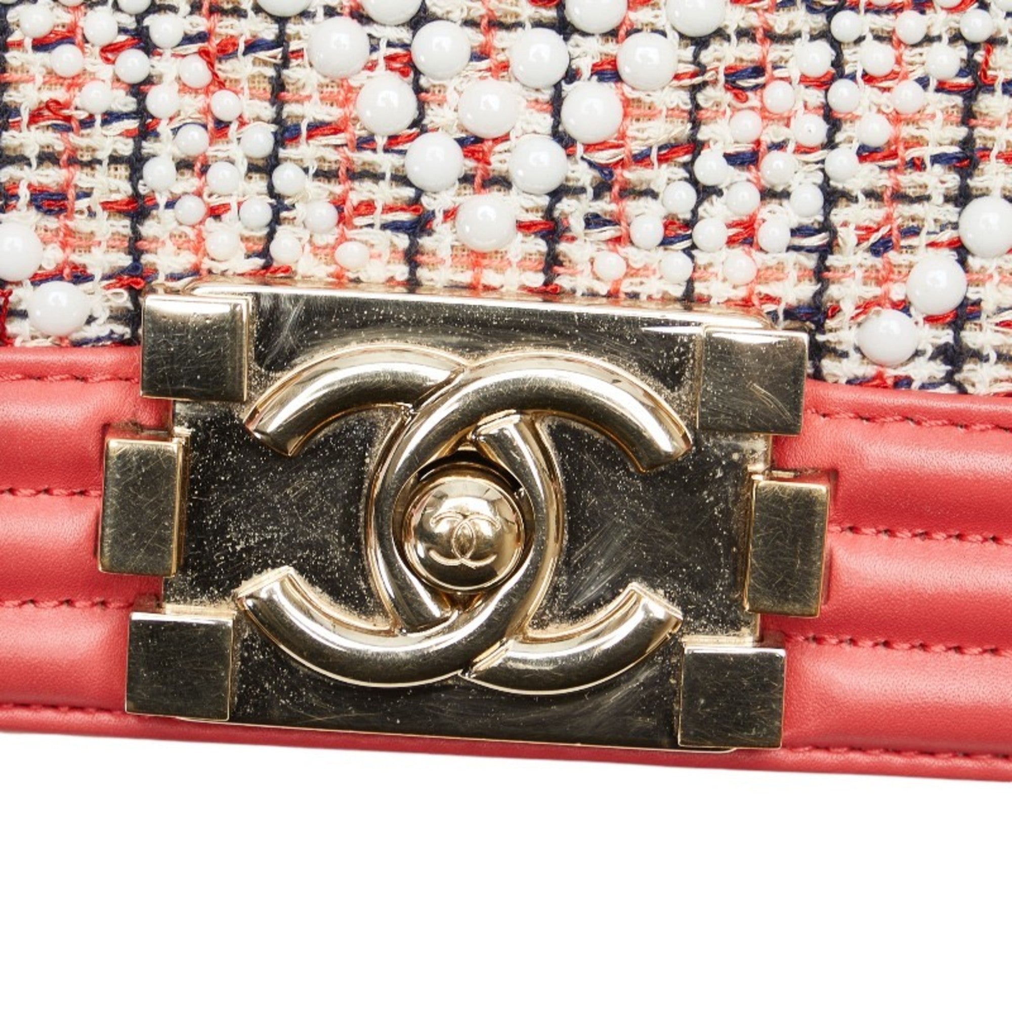 Chanel Boy Chanel Multi-Color Pink White Tweed Leather Shoulder Bag (Pre-Owned)