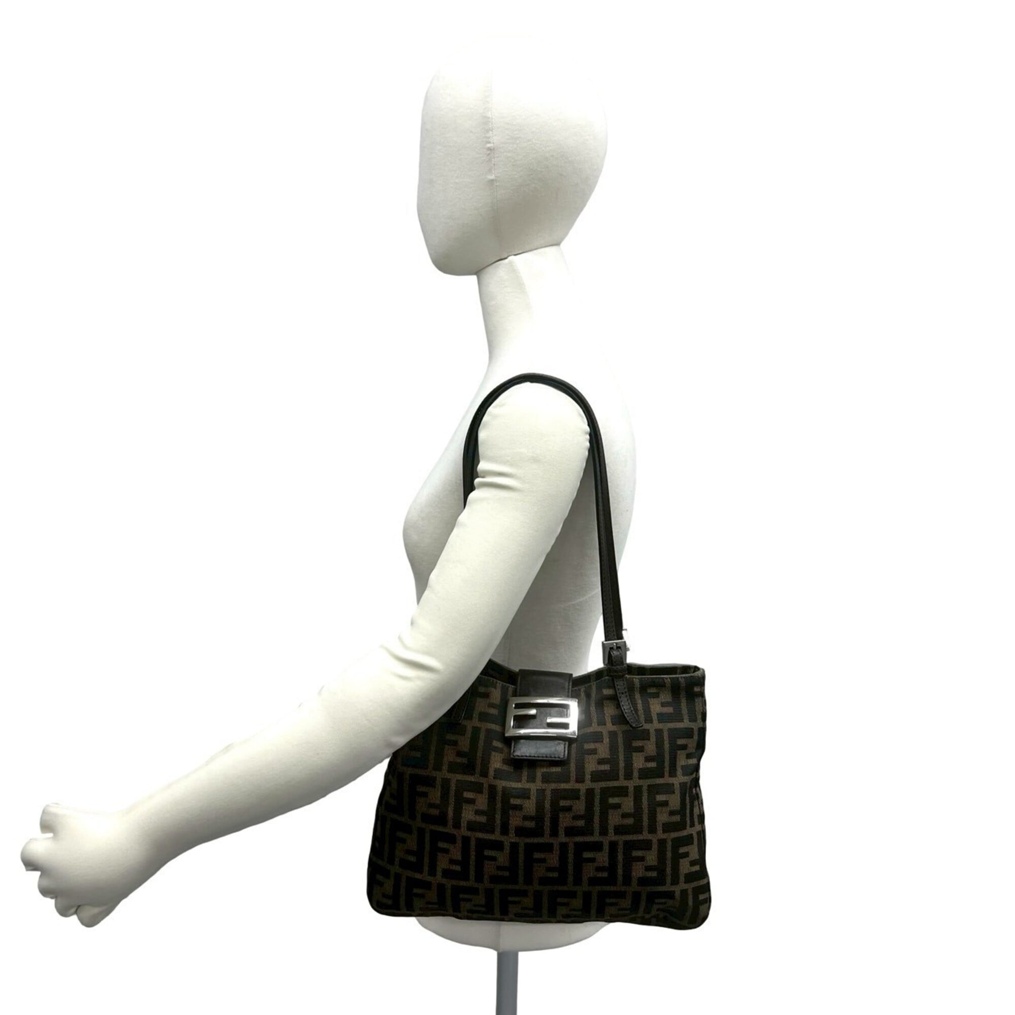 Fendi Black Brown Canvas Leather Shoulder Bag Tote Bag (Pre-Owned)