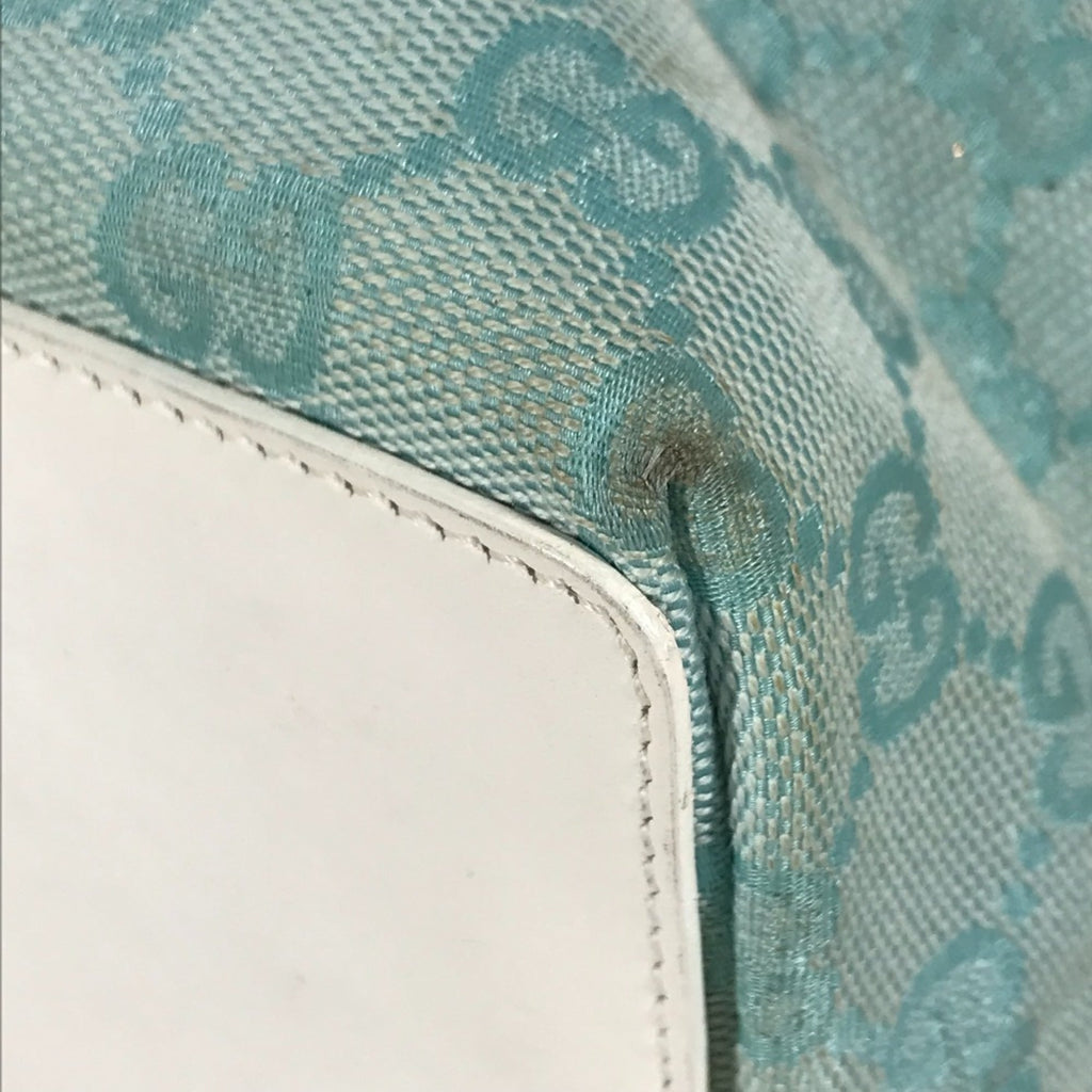 Gucci Blue White Canvas Leather Shoulder Bag Tote Bag (Pre-Owned)