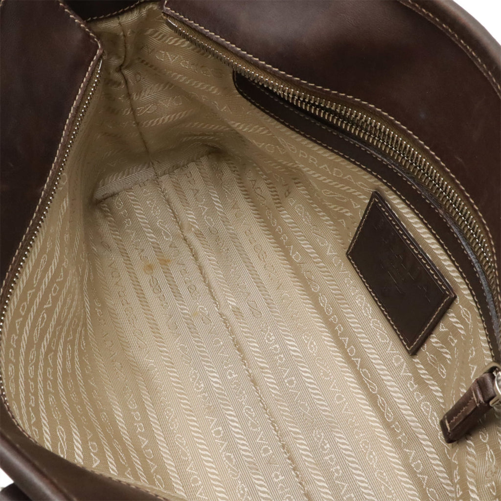 Prada Beige Dark Brown Khaki Canvas Leather Handbag Shoulder Bag (Pre-Owned)