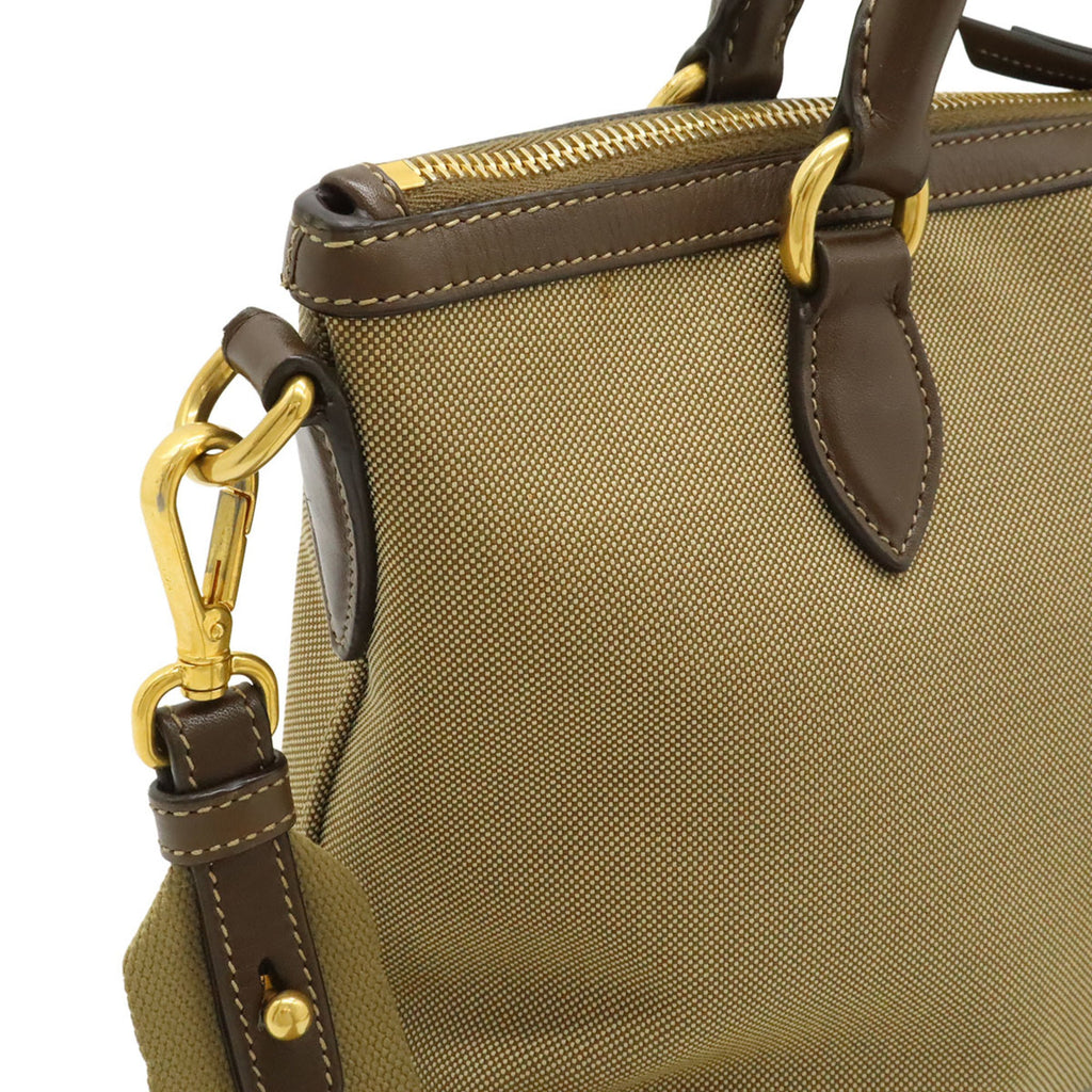 Prada Beige Dark Brown Khaki Canvas Leather Handbag Shoulder Bag (Pre-Owned)