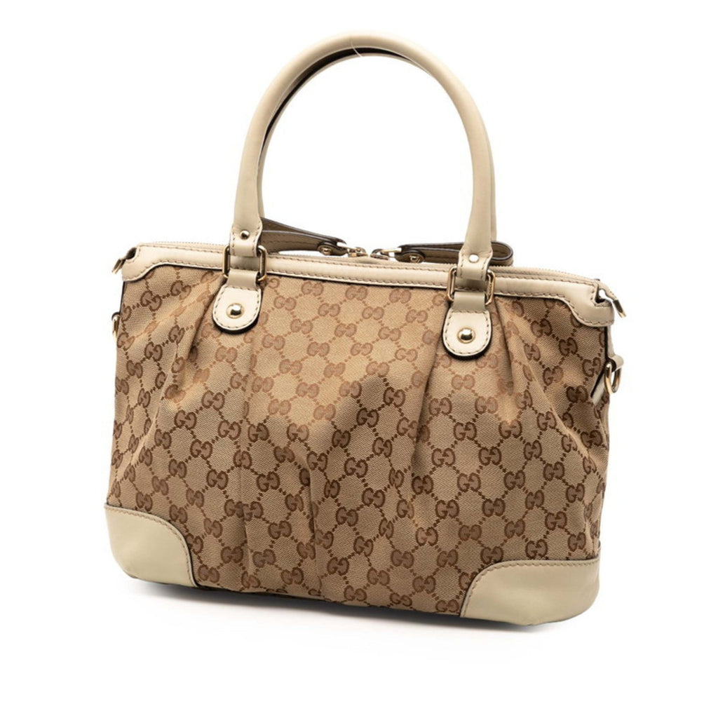 Gucci Beige White Canvas Leather Handbag Shoulder Bag (Pre-Owned)
