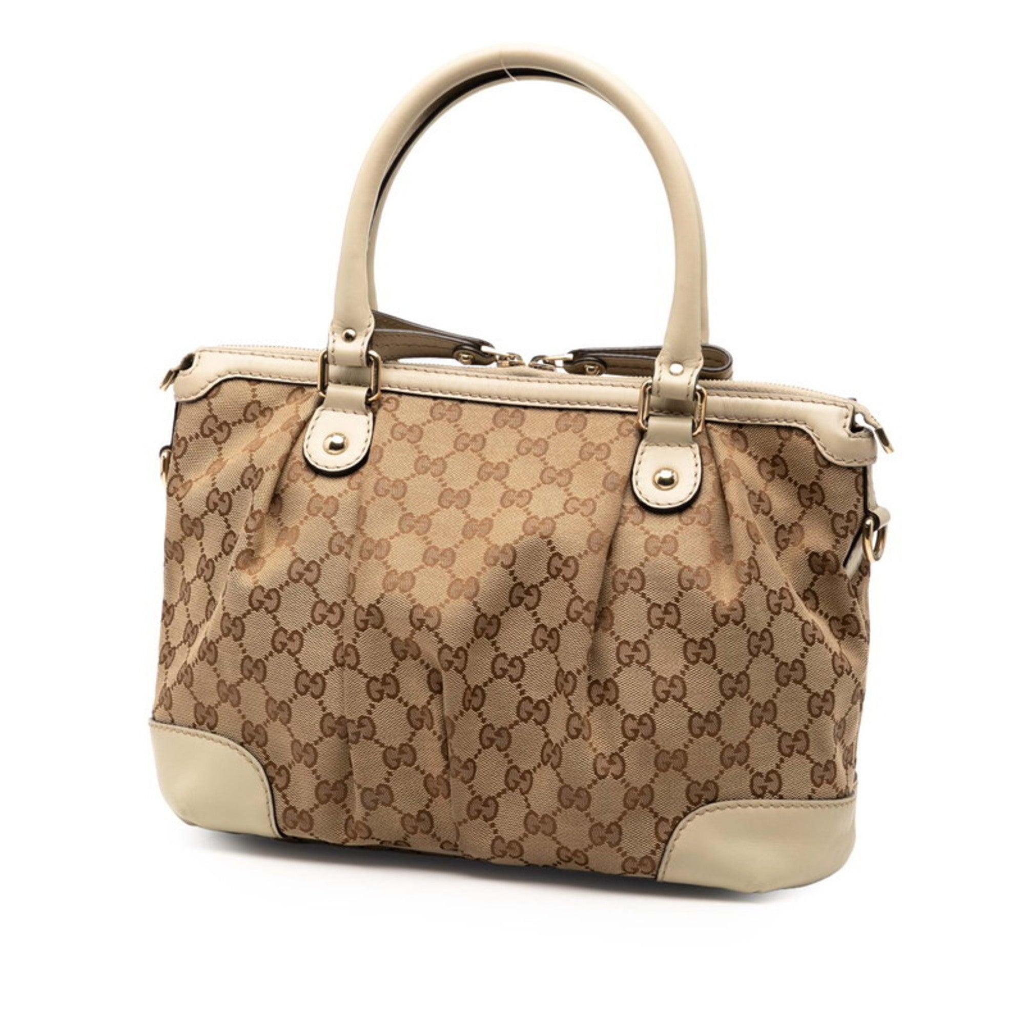 Gucci Beige White Canvas Leather Handbag Shoulder Bag (Pre-Owned)