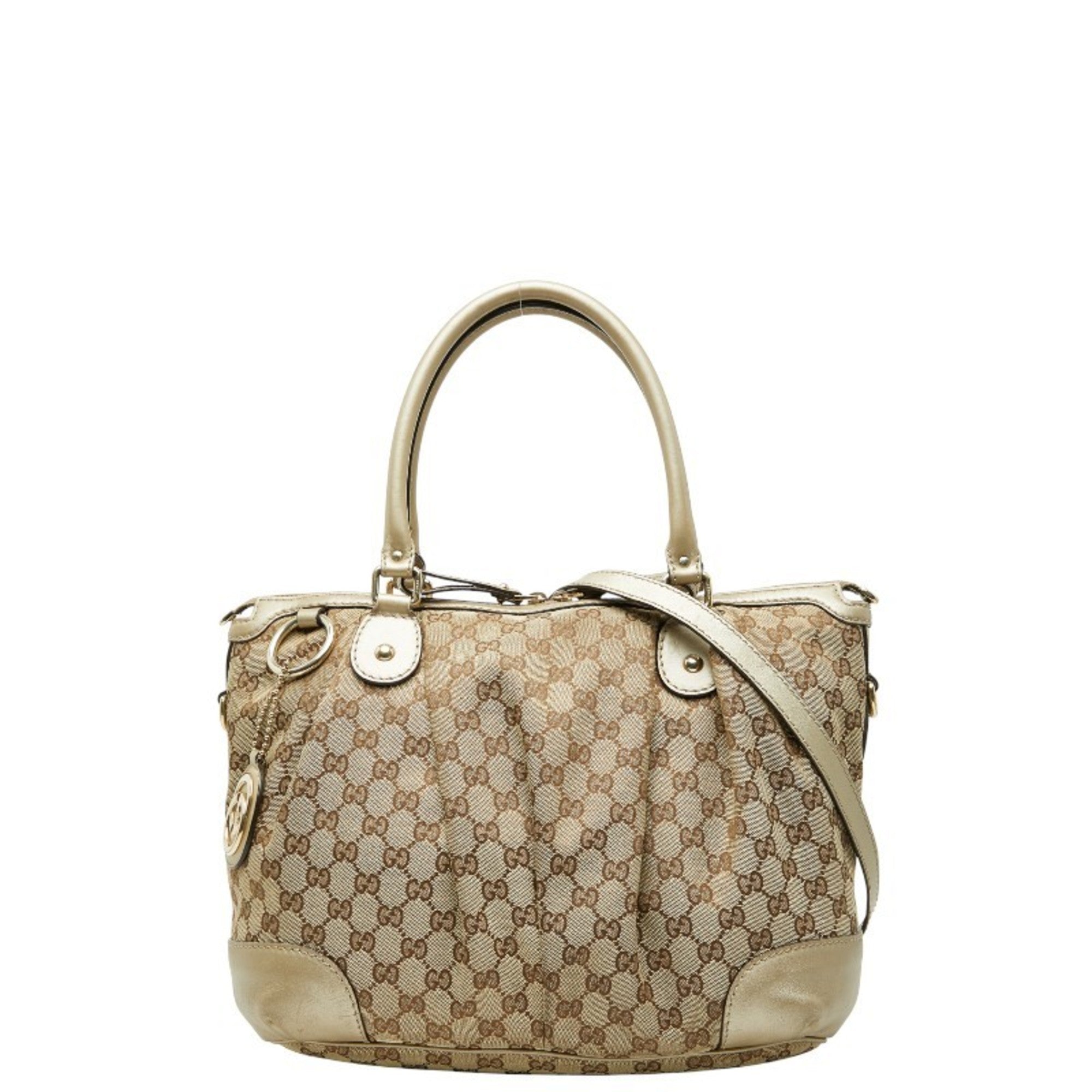 Gucci Beige Brown Canvas Leather Shoulder Bag Tote Bag (Pre-Owned)
