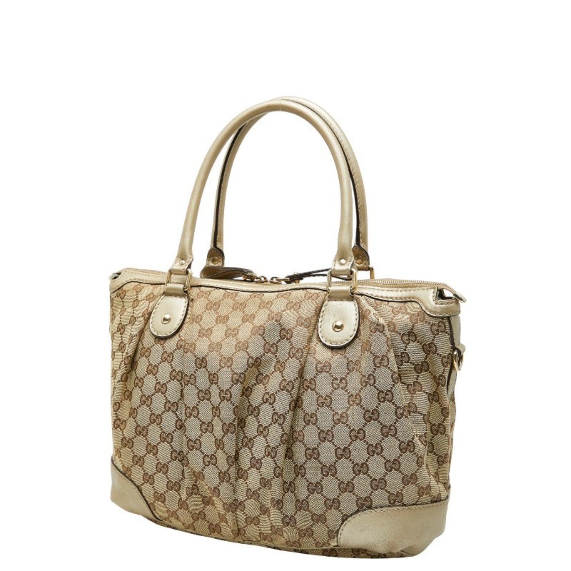 Gucci Beige Brown Canvas Leather Shoulder Bag Tote Bag (Pre-Owned)