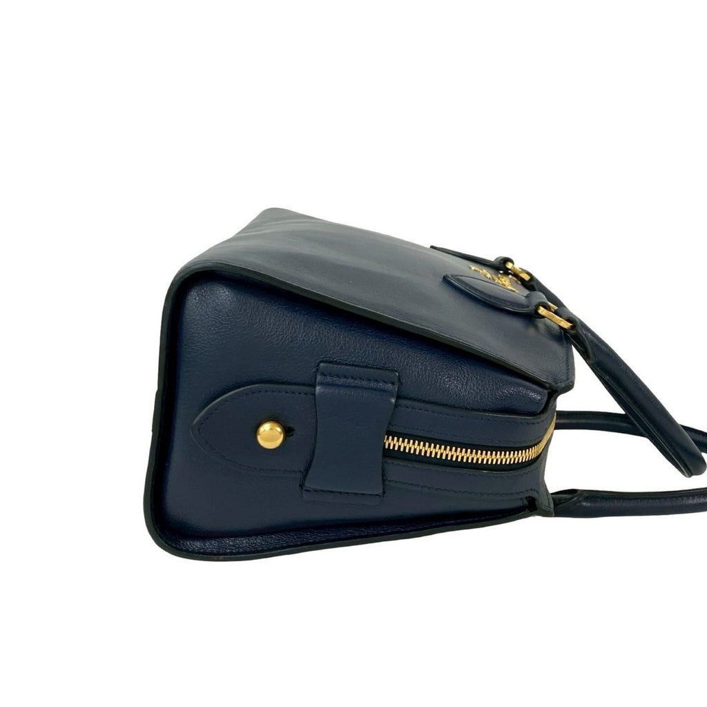 Prada Navy Leather Boston Bag Handbag Shoulder Bag (Pre-Owned)