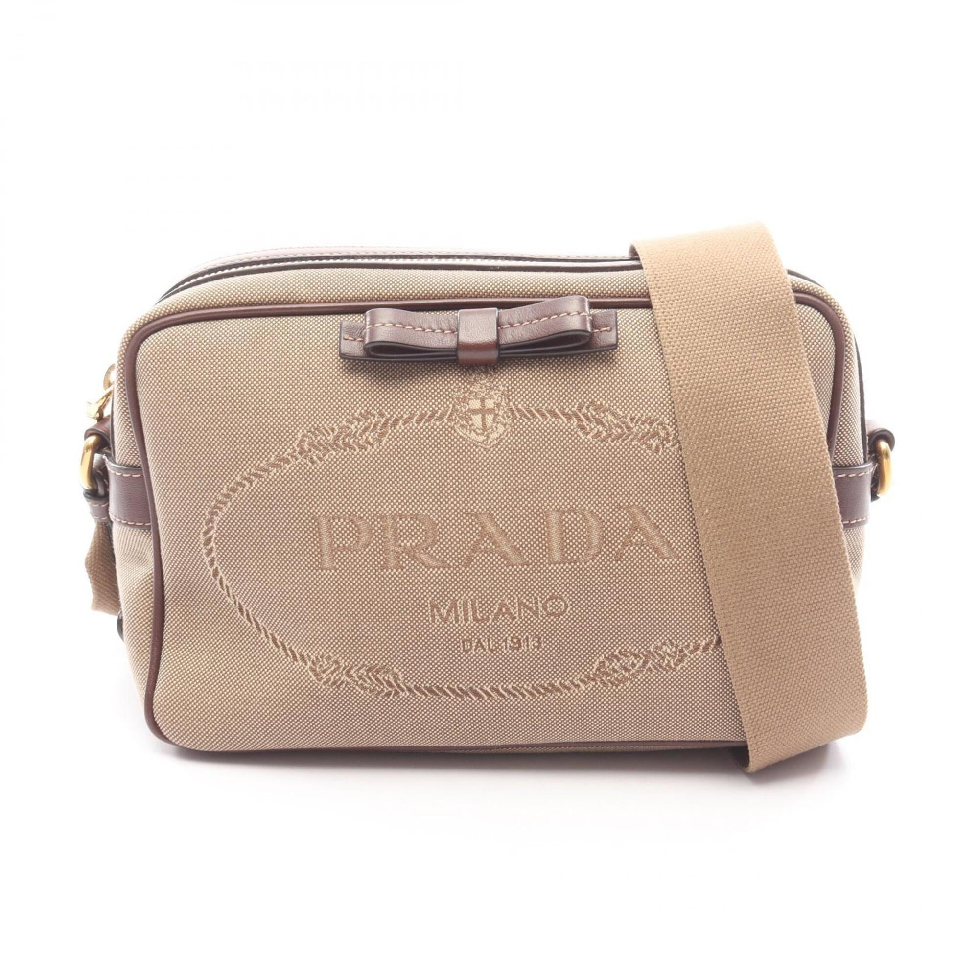 Prada Beige Brown Canvas Leather Handbag Shoulder Bag (Pre-Owned)