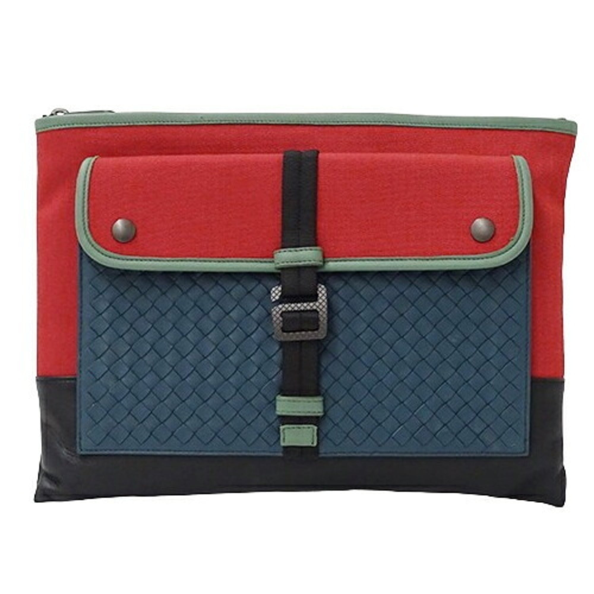 Bottega Veneta Black Blue Red Color Leather Nylon Clutch Bag (Pre-Owned)