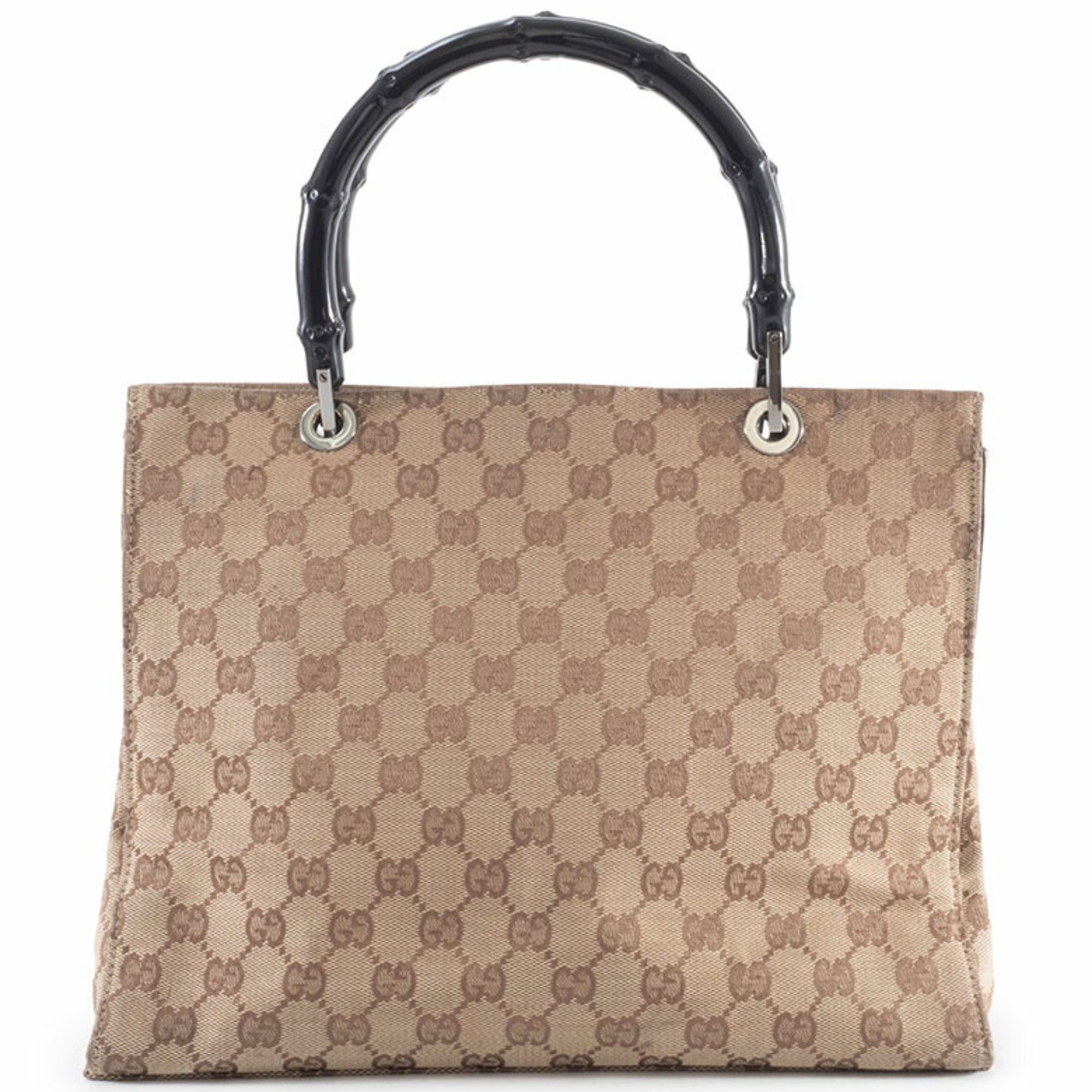 Gucci Beige Black Bamboo Canvas Handbag (Pre-Owned)