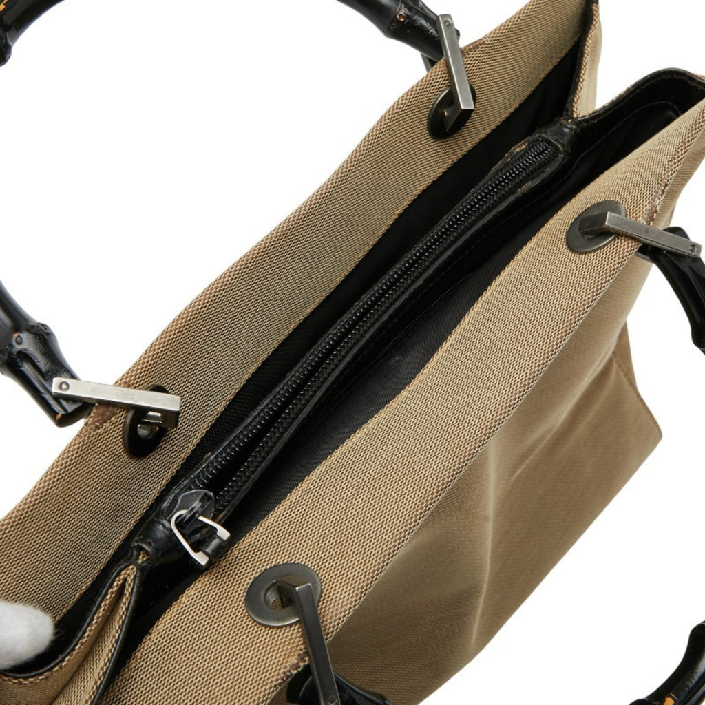 Gucci Bamboo Beige Black Canvas Handbag Tote Bag (Pre-Owned)