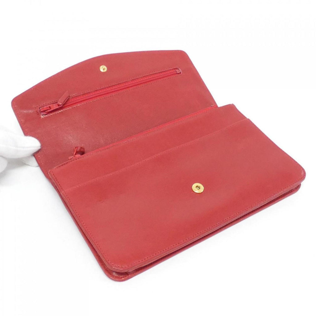 Chanel Red Color Leather Long Wallet (Bi-Fold) (Pre-Owned)