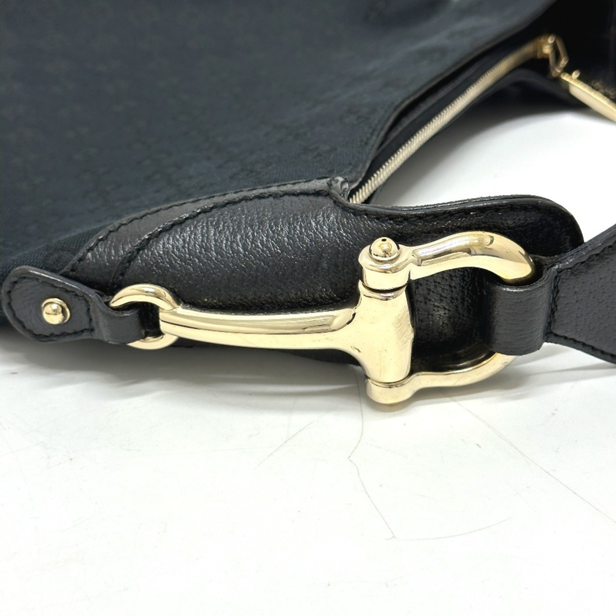 Gucci Horsebit Black Gg Canvas Leather Handbag Shoulder Bag (Pre-Owned)