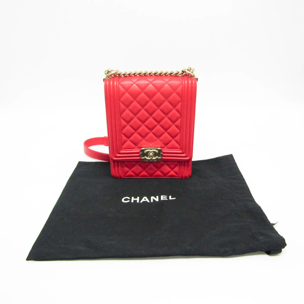 Chanel North South Boy Flap Bag Quilted Calfskin Red Leather Shoulder Bag Bag (Pre-Owned)