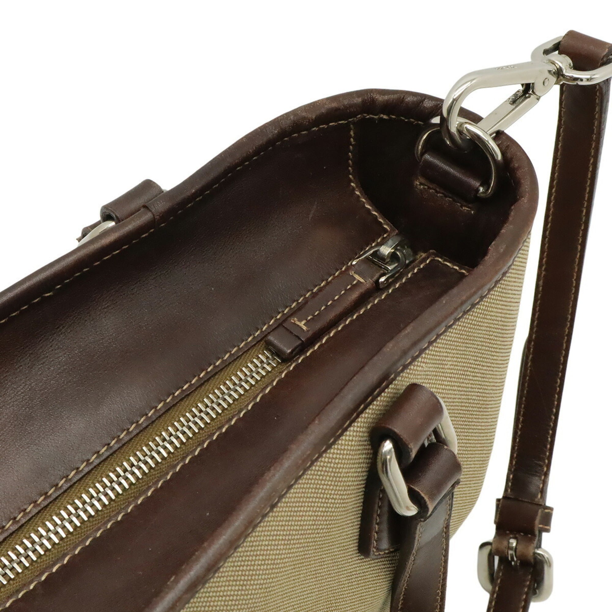 Prada Beige Dark Brown Khaki Canvas Leather Handbag Shoulder Bag (Pre-Owned)