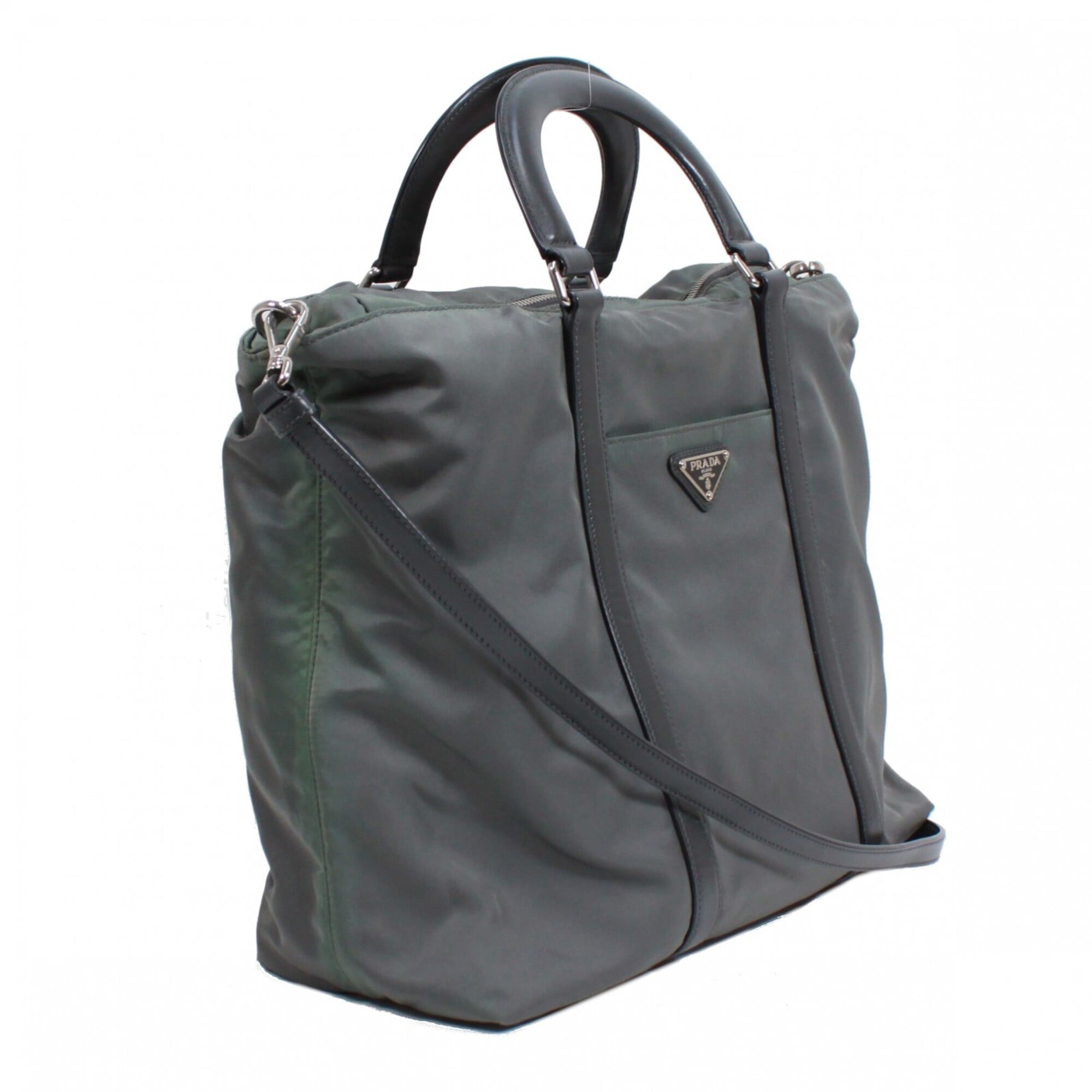 Prada Gray Khaki Nylon Leather Tote Bag (Pre-Owned)