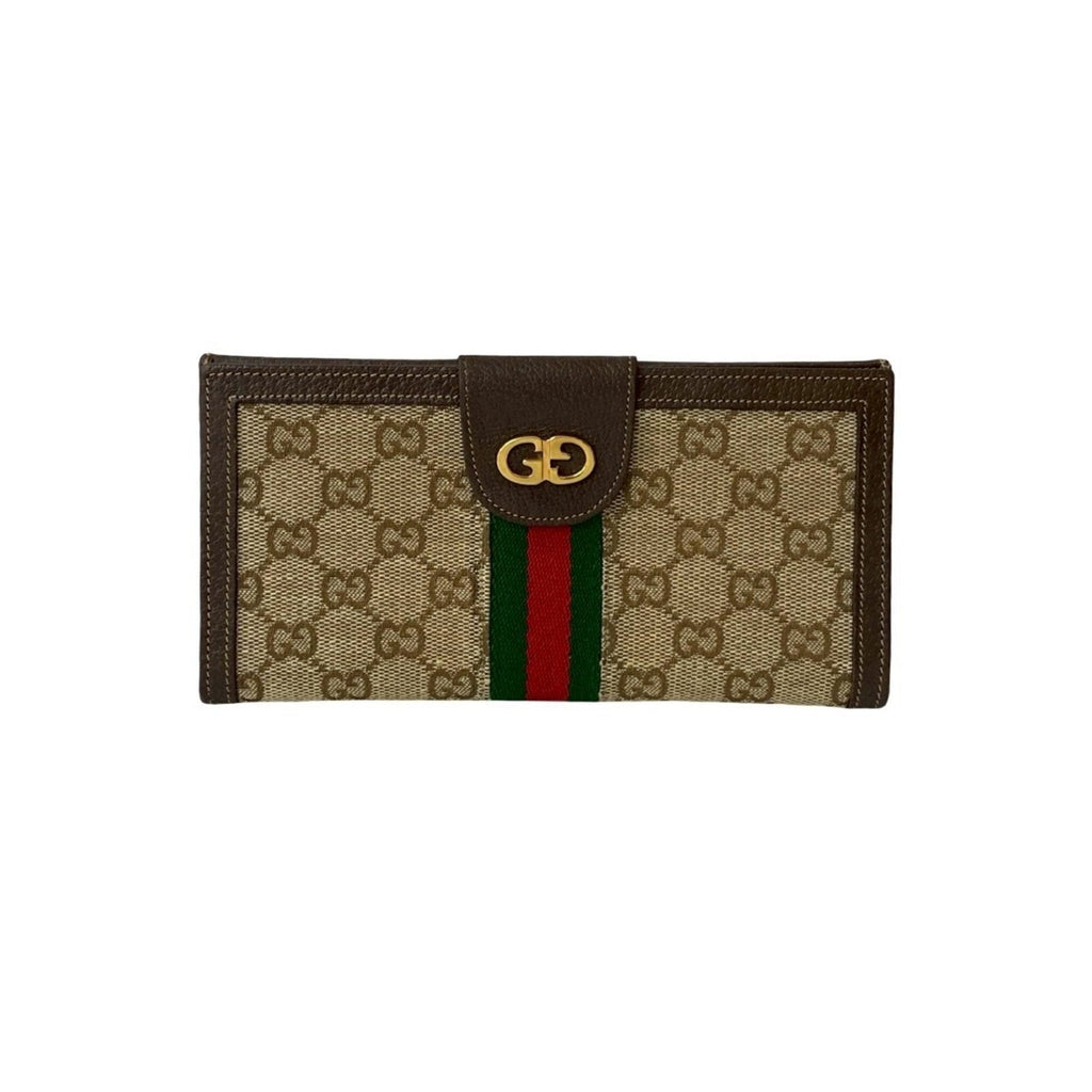 Gucci Brown Green Red Color Leather Canvas Long Wallet (Bi-Fold) (Pre-Owned)