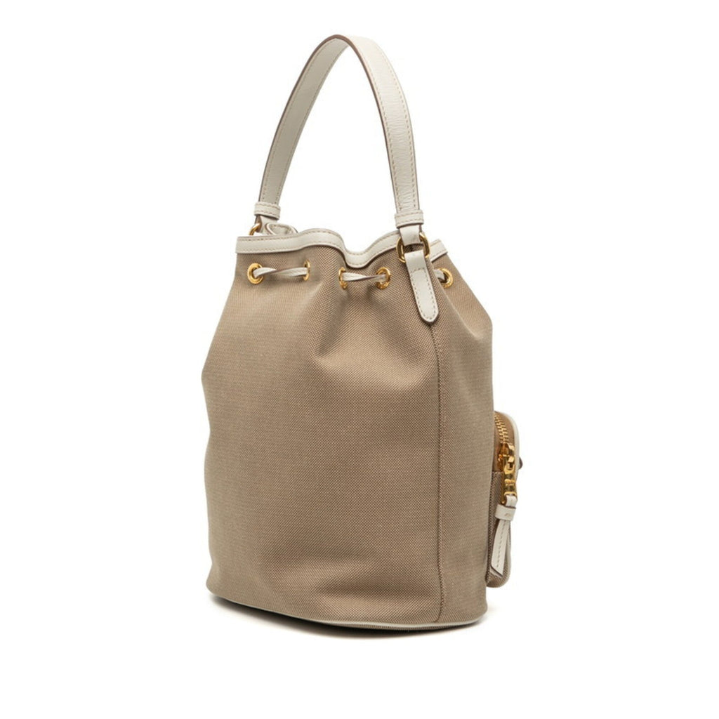 Prada Beige White Canvas Leather Handbag Shoulder Bag (Pre-Owned)