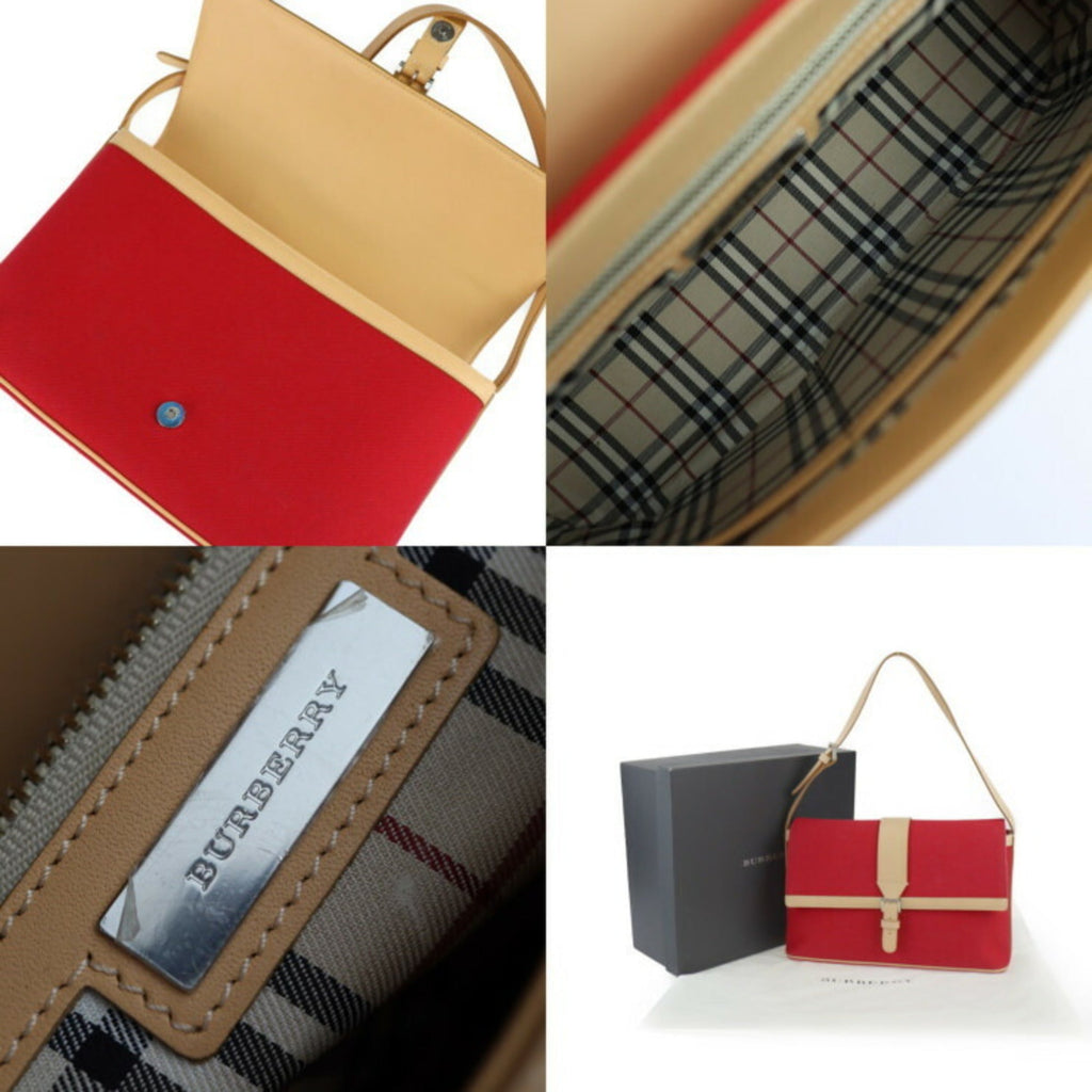 Burberry Beige Red Color Canvas Leather Handbag Shoulder Bag Tote Bag (Pre-Owned)