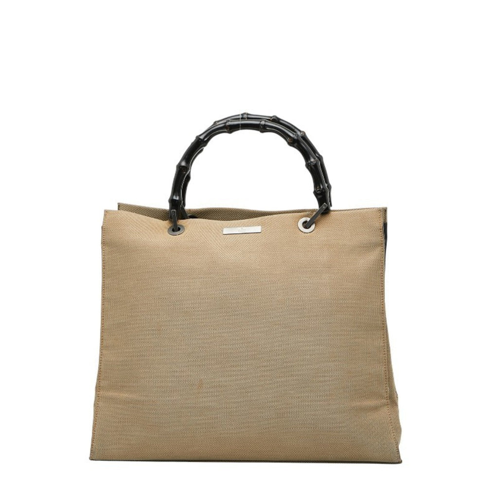 Gucci Bamboo Beige Black Canvas Handbag Tote Bag (Pre-Owned)