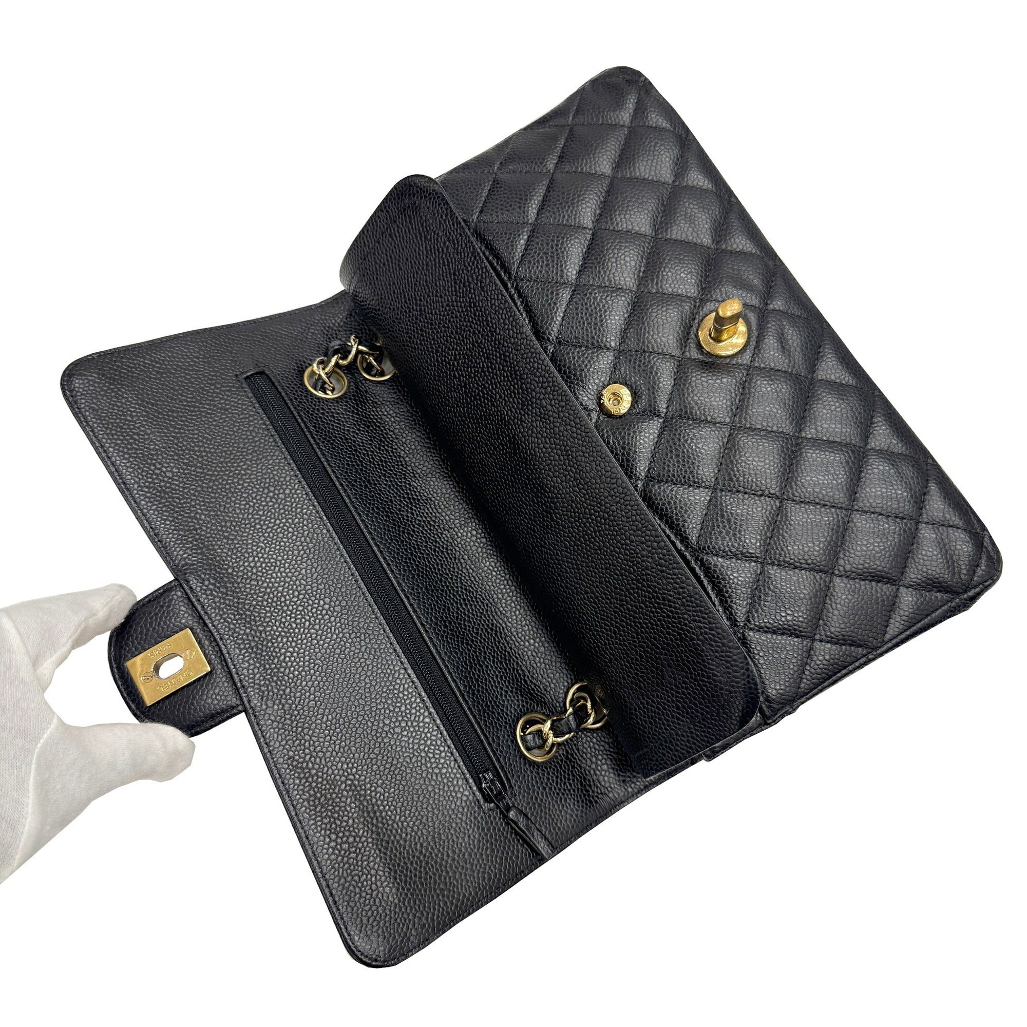 Chanel Gold Black Grained Calfskin Leather Chain/Shoulder Wallet (Pre-Owned)