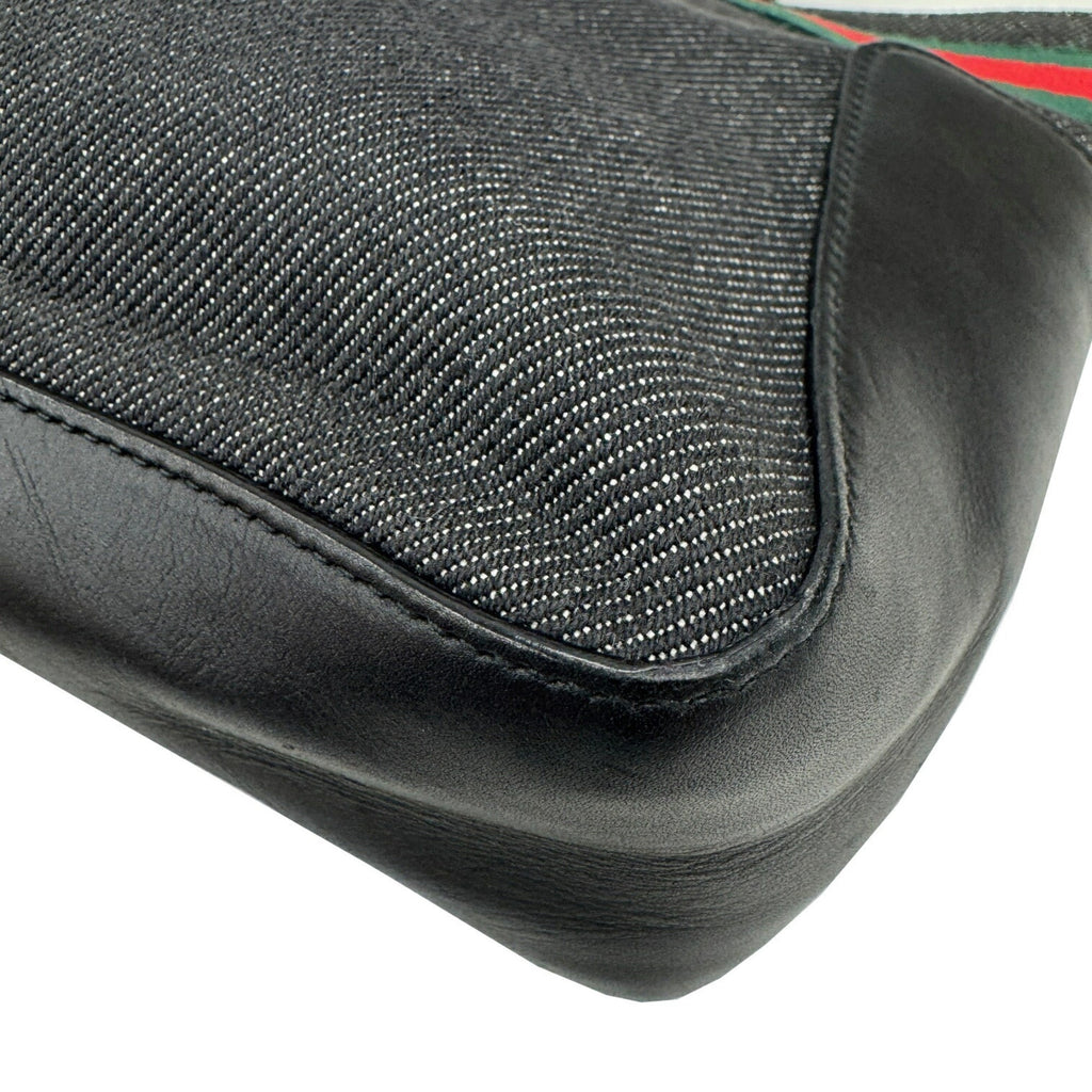 Gucci Sherry Line Black Denim Leather Handbag Tote Bag (Pre-Owned)