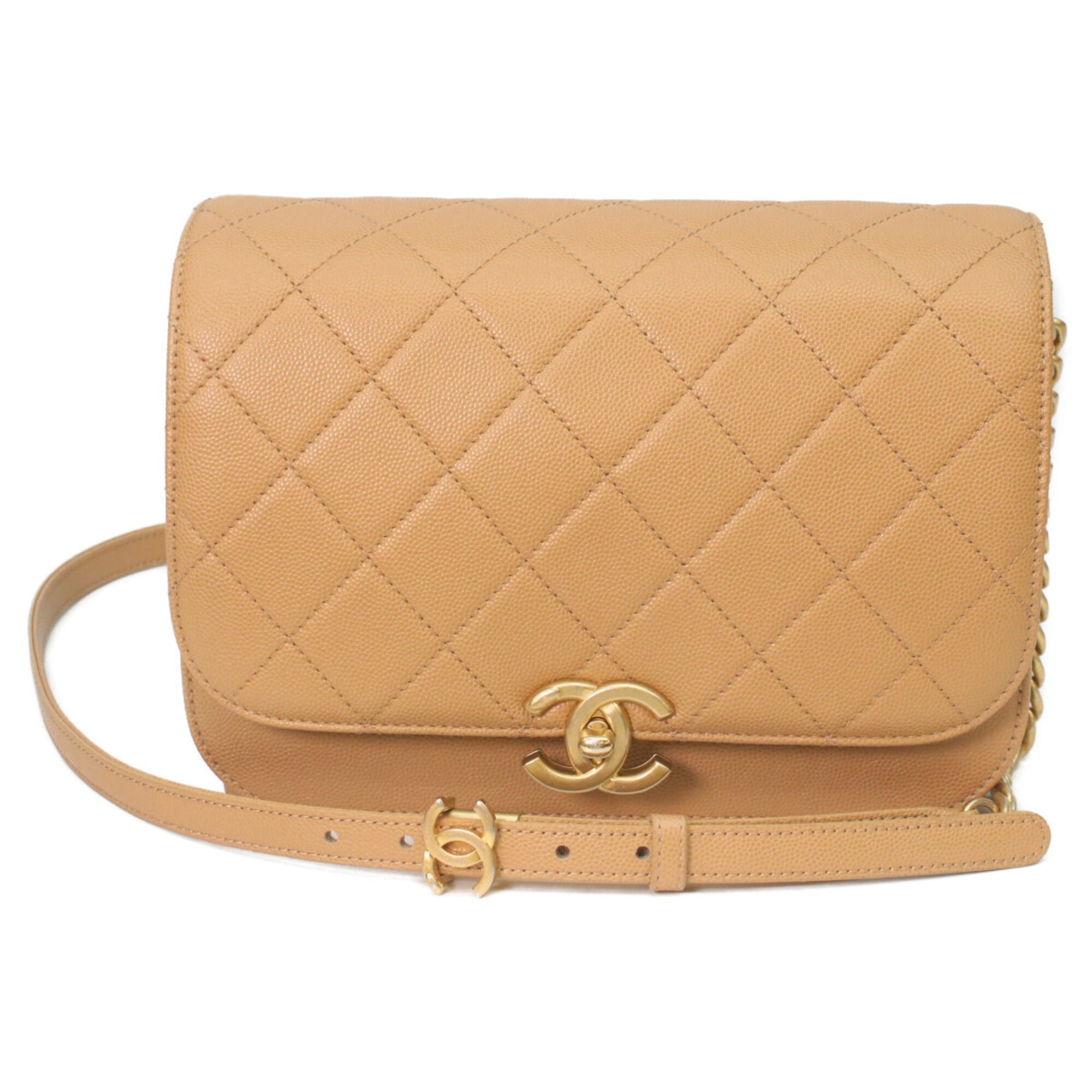 Chanel Beige Grained Calfskin Shoulder Bag (Pre-Owned)