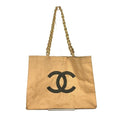 Chanel Beige Black Canvas Shoulder Bag Tote Bag (Pre-Owned)