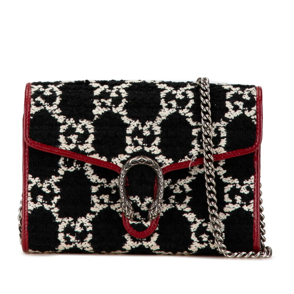 Gucci Black Red Color Tweed Leather Chain/Shoulder Wallet (Pre-Owned)