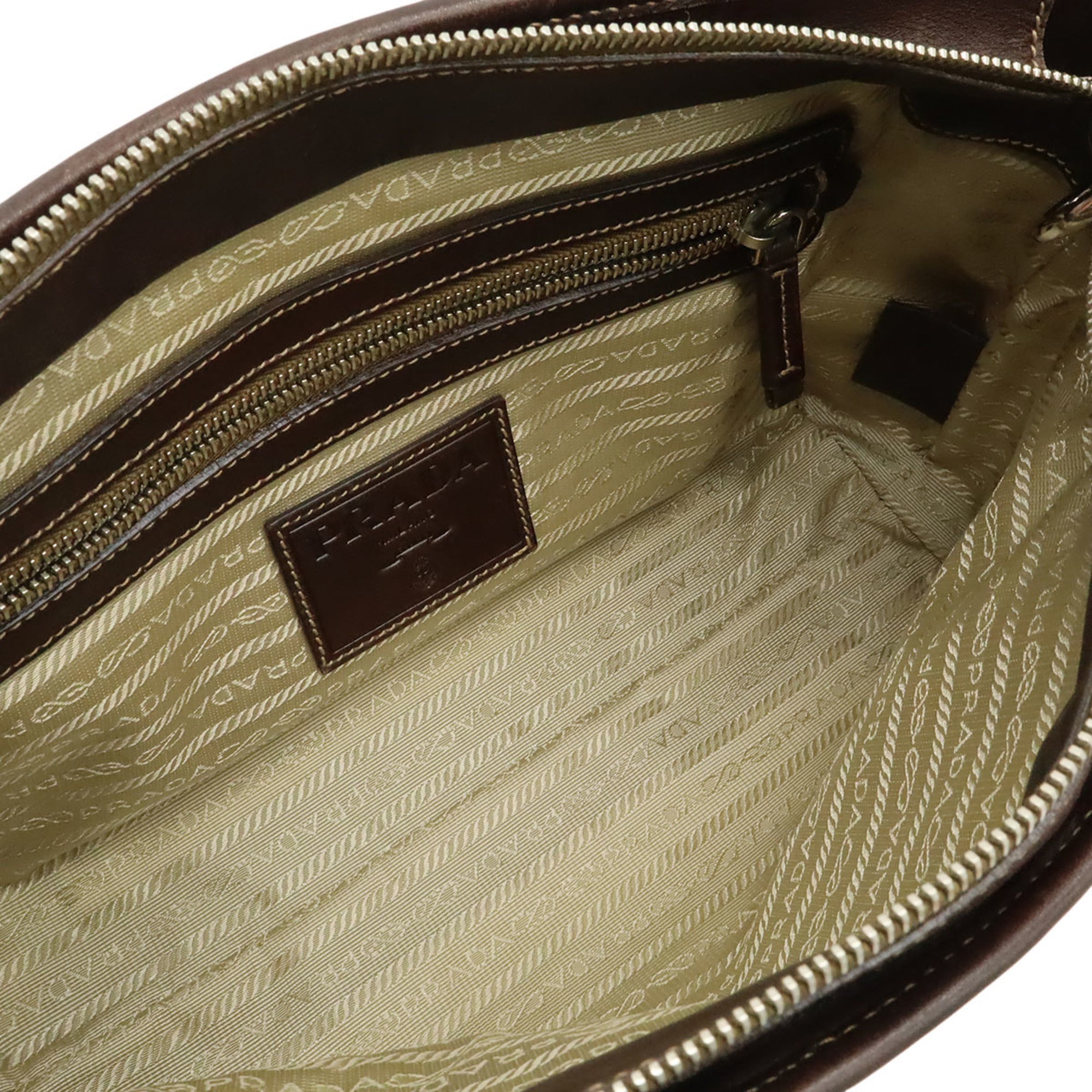 Prada Beige Dark Brown Khaki Canvas Leather Handbag Shoulder Bag (Pre-Owned)