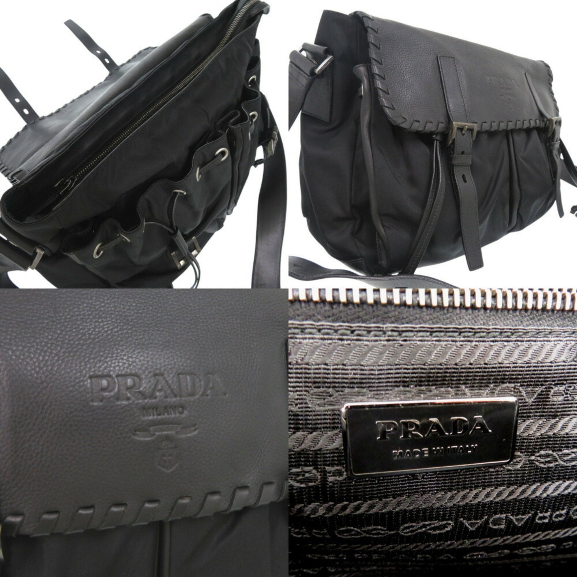 Prada Nero Leather Nylon Messenger Bag Shoulder Bag (Pre-Owned)