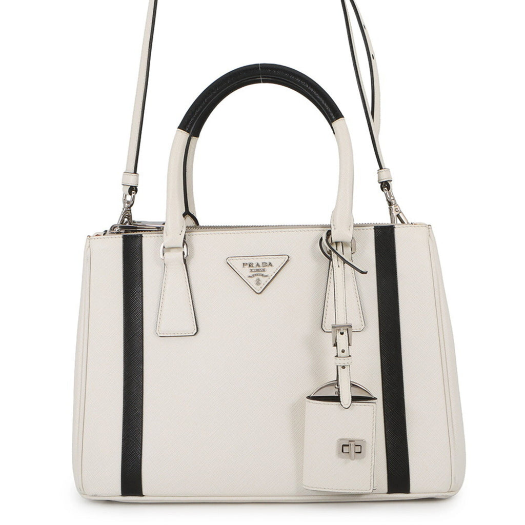 Prada Black White Leather Handbag Shoulder Bag (Pre-Owned)