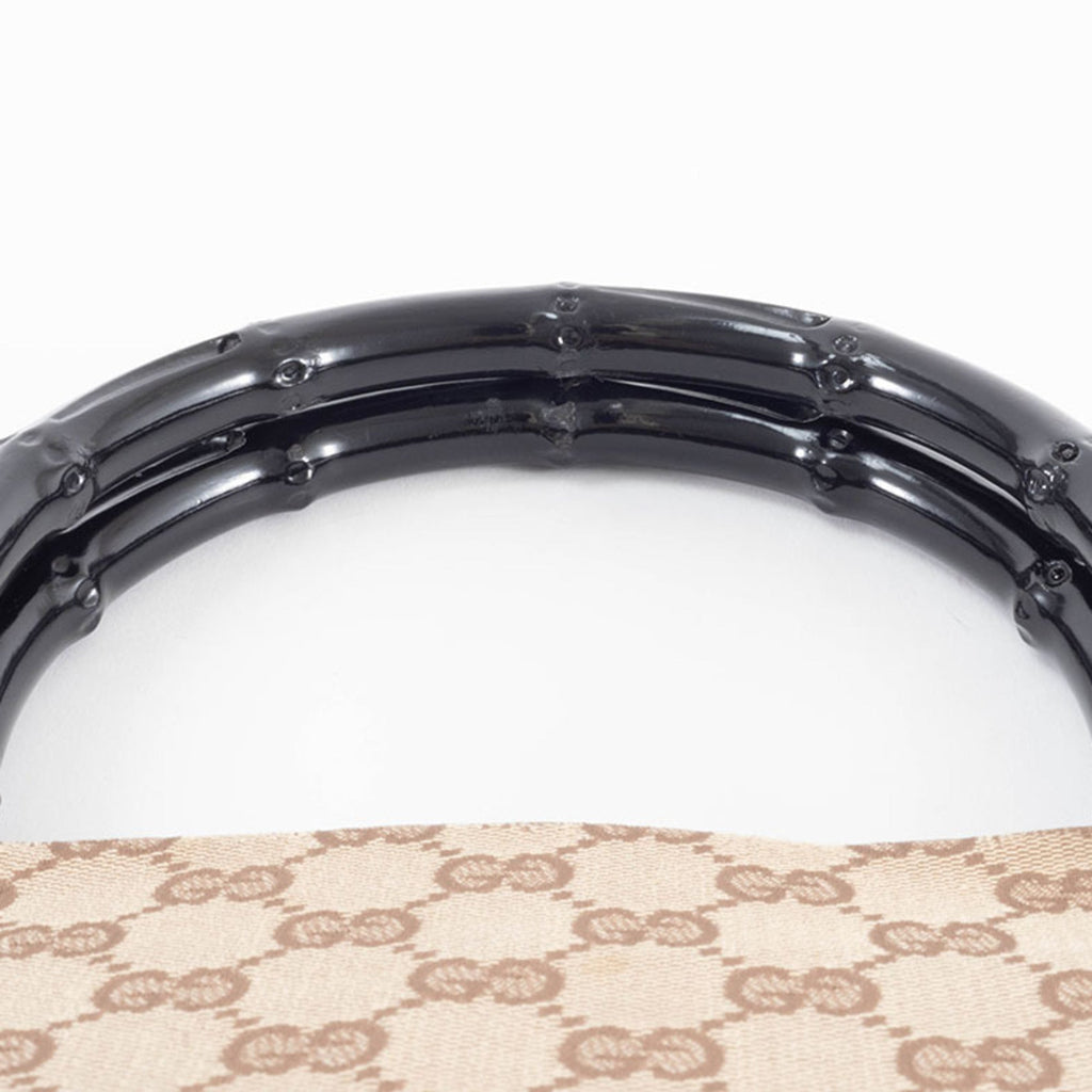 Gucci Beige Black Bamboo Canvas Handbag (Pre-Owned)