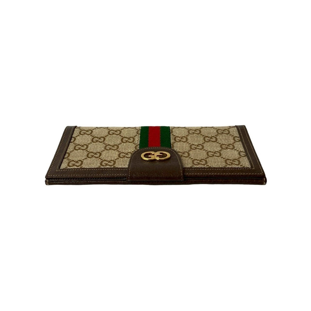 Gucci Brown Green Red Color Leather Canvas Long Wallet (Bi-Fold) (Pre-Owned)