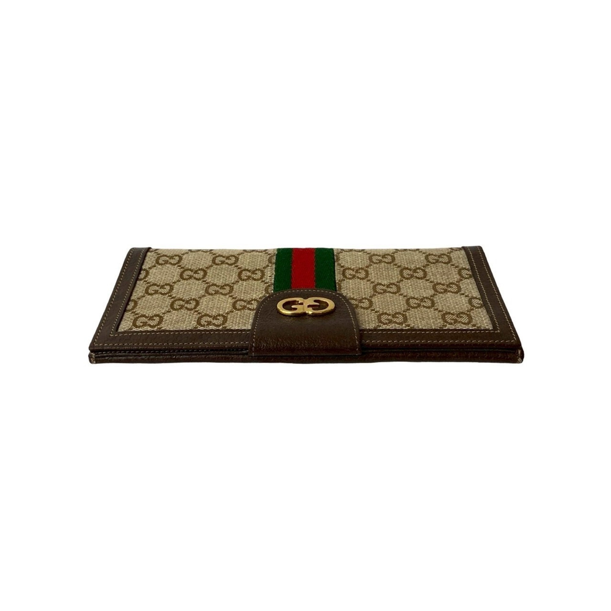 Gucci Brown Green Red Color Leather Canvas Long Wallet (Bi-Fold) (Pre-Owned)