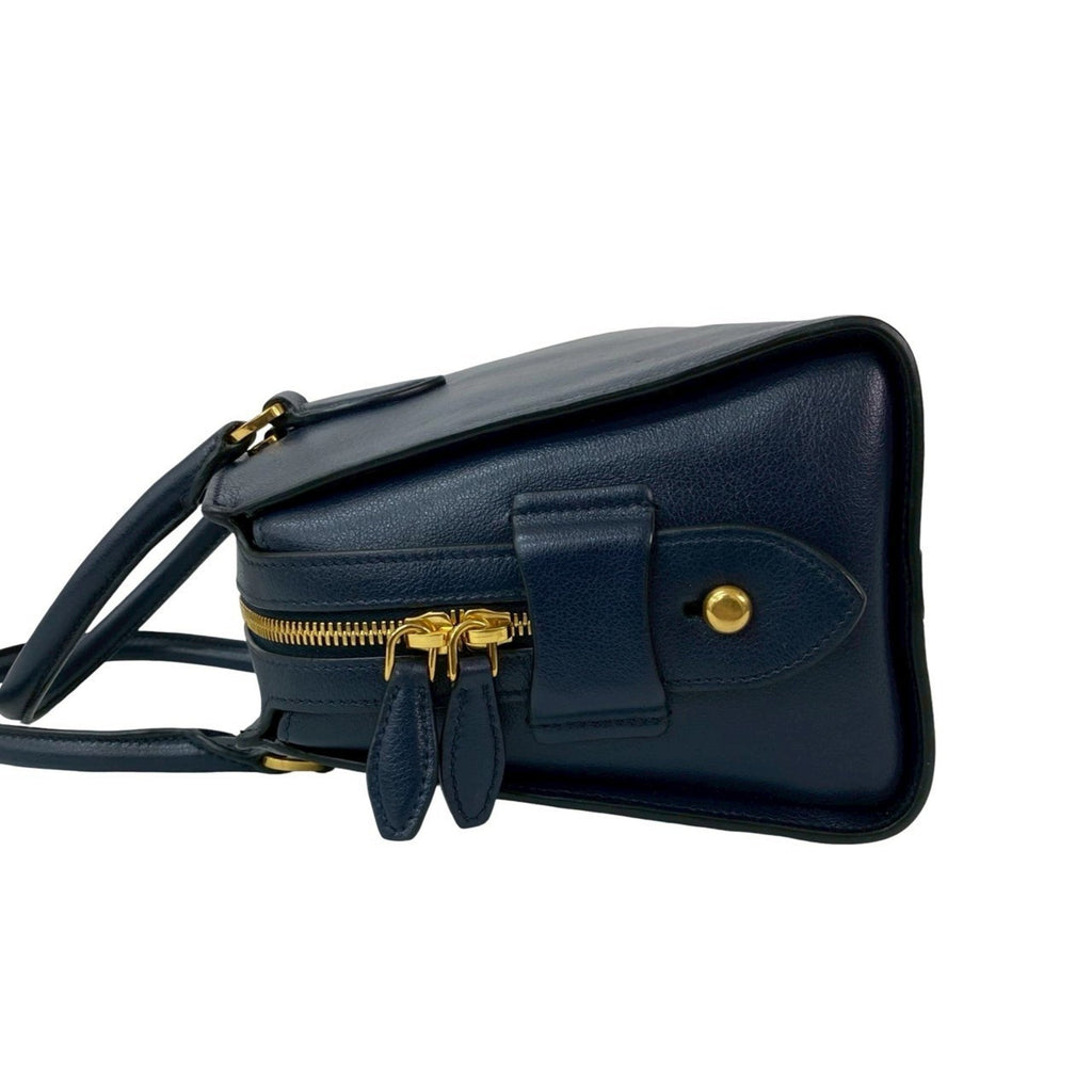 Prada Navy Leather Boston Bag Handbag Shoulder Bag (Pre-Owned)