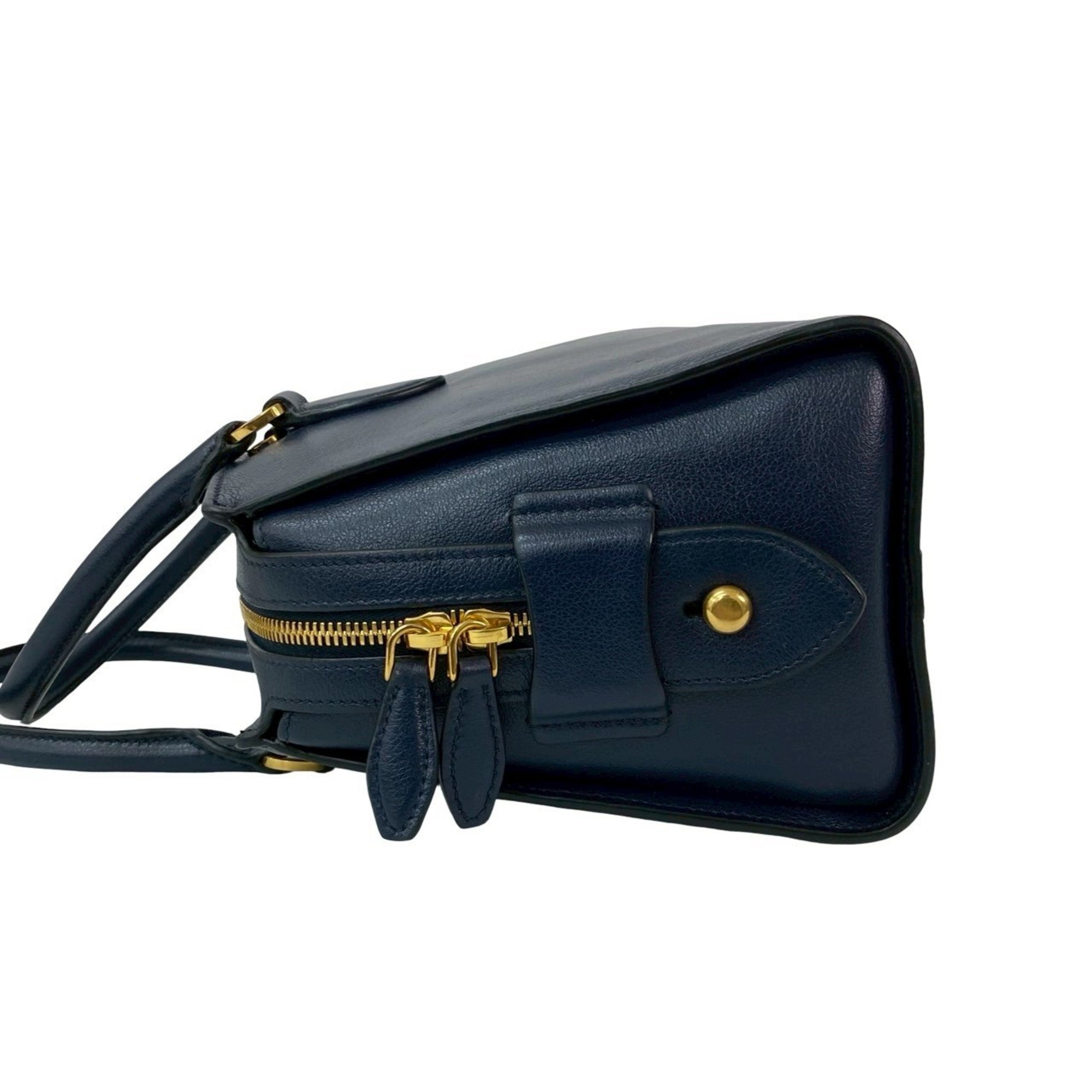 Prada Navy Leather Boston Bag Handbag Shoulder Bag (Pre-Owned)