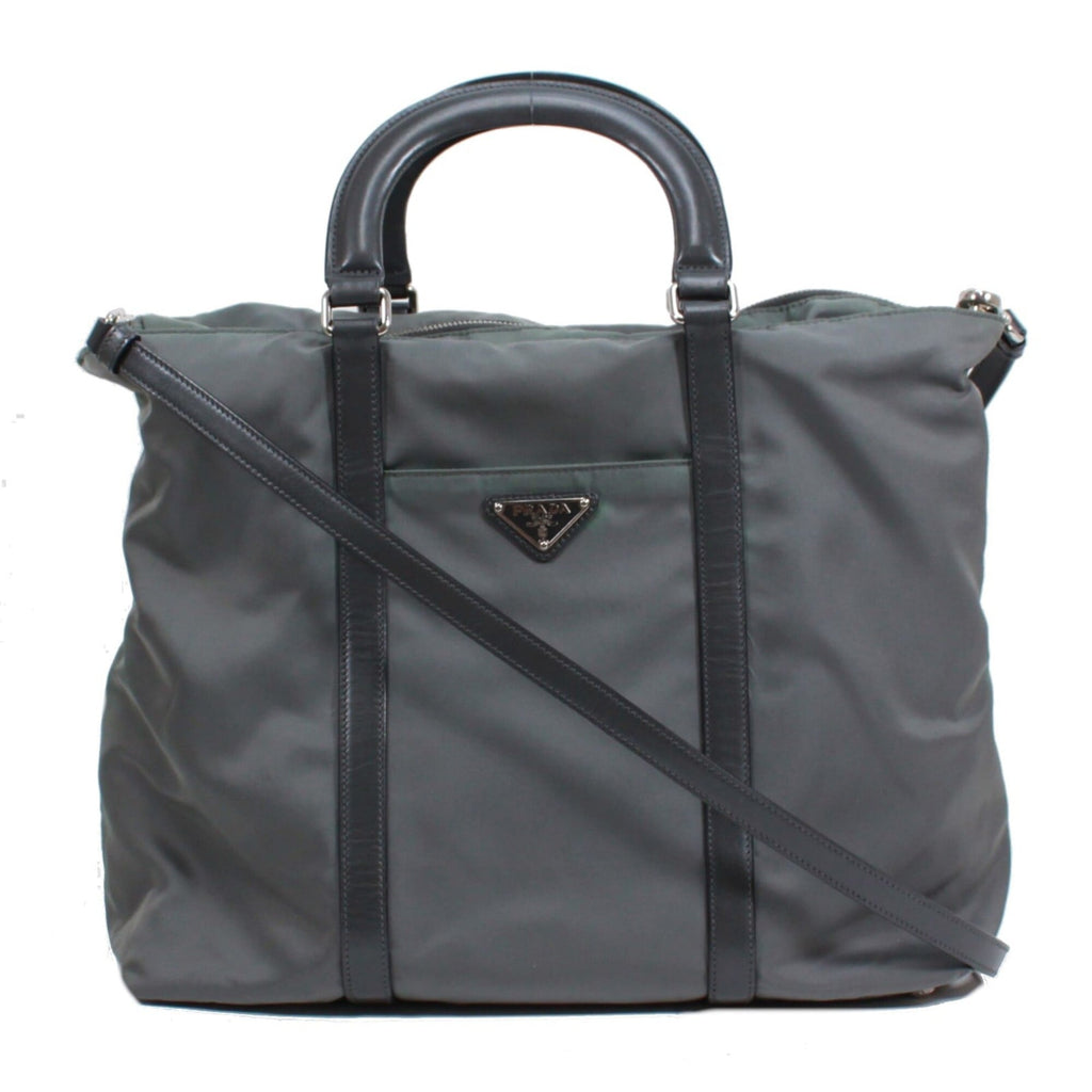 Prada Gray Khaki Nylon Leather Tote Bag (Pre-Owned)