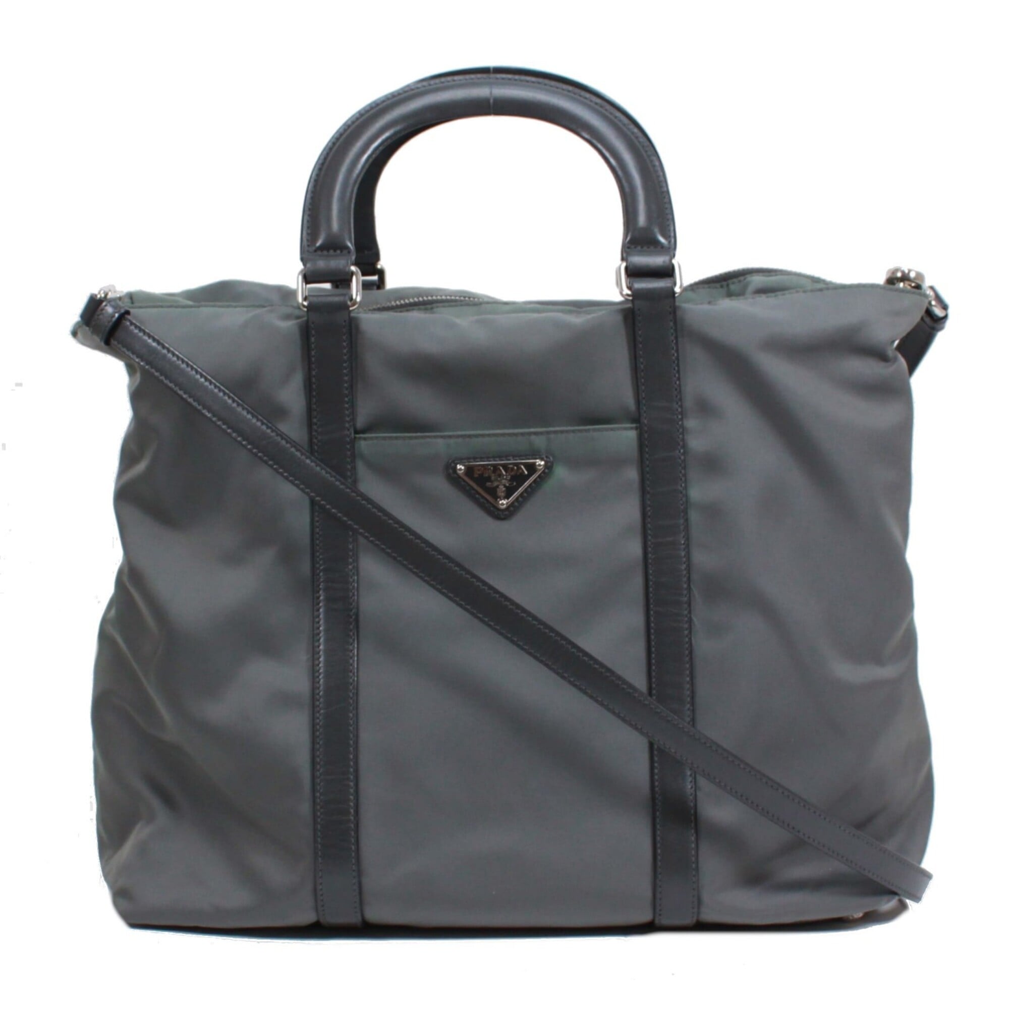 Prada Gray Khaki Nylon Leather Tote Bag (Pre-Owned)