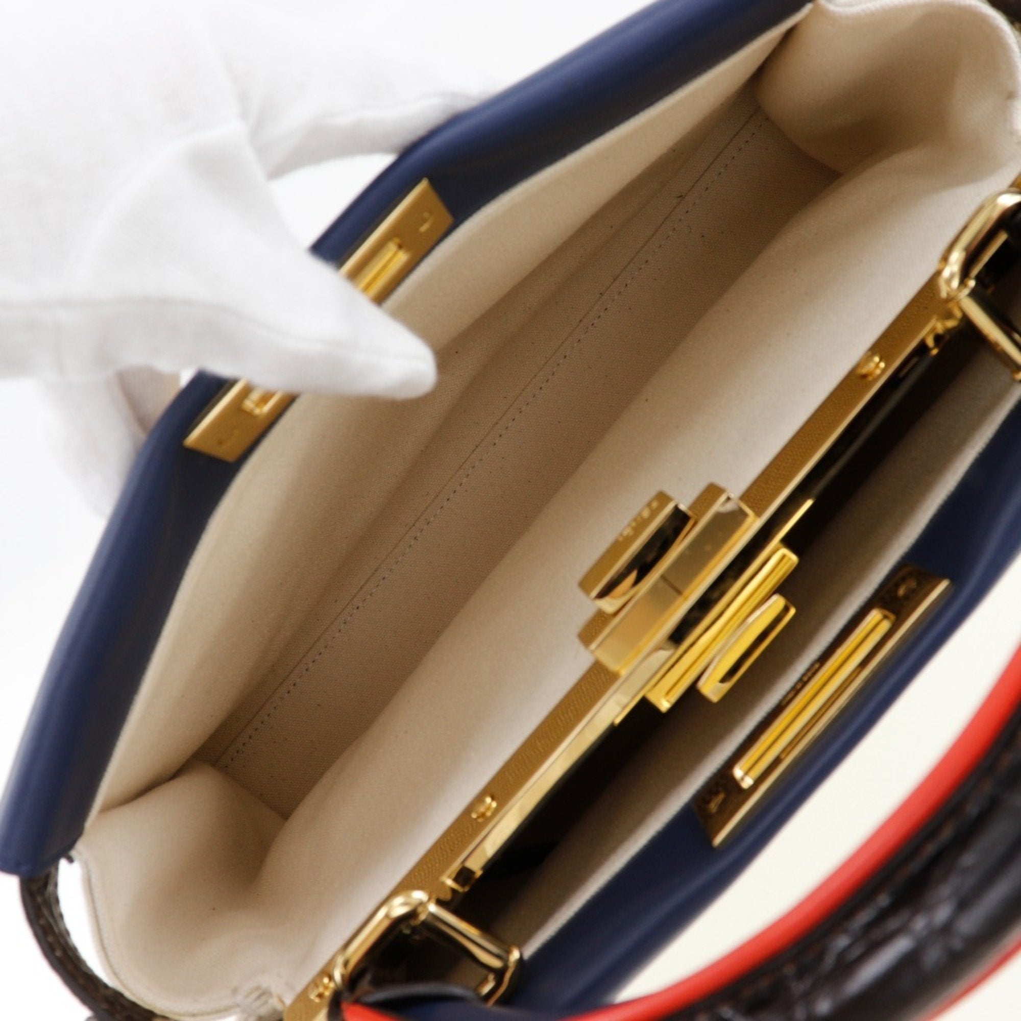 Fendi Navy White Canvas Leather Handbag (Pre-Owned)