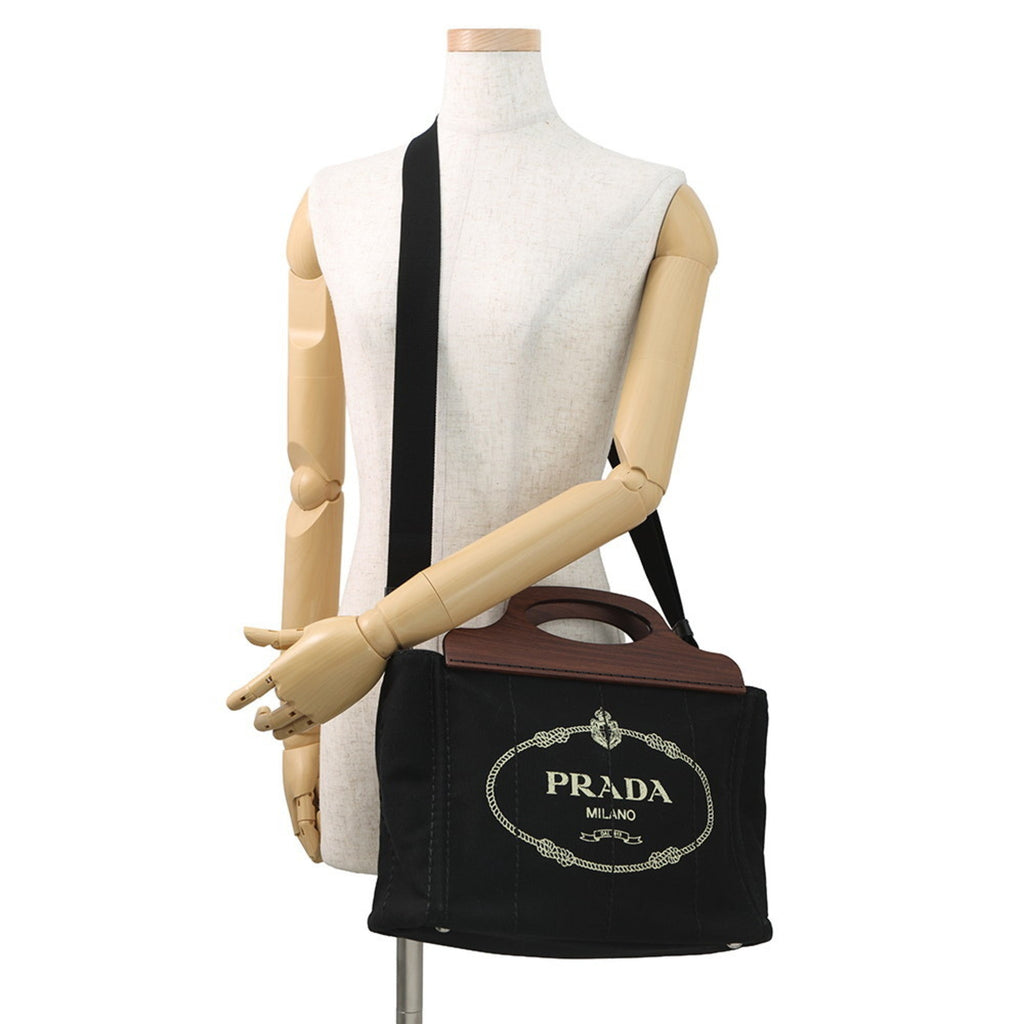 Prada Canapa Black Canvas Wood Handbag Shoulder Bag (Pre-Owned)