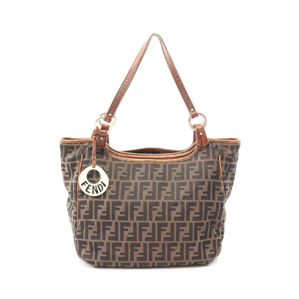 Fendi Brown Leather Nylon Canvas Handbag Tote Bag (Pre-Owned)